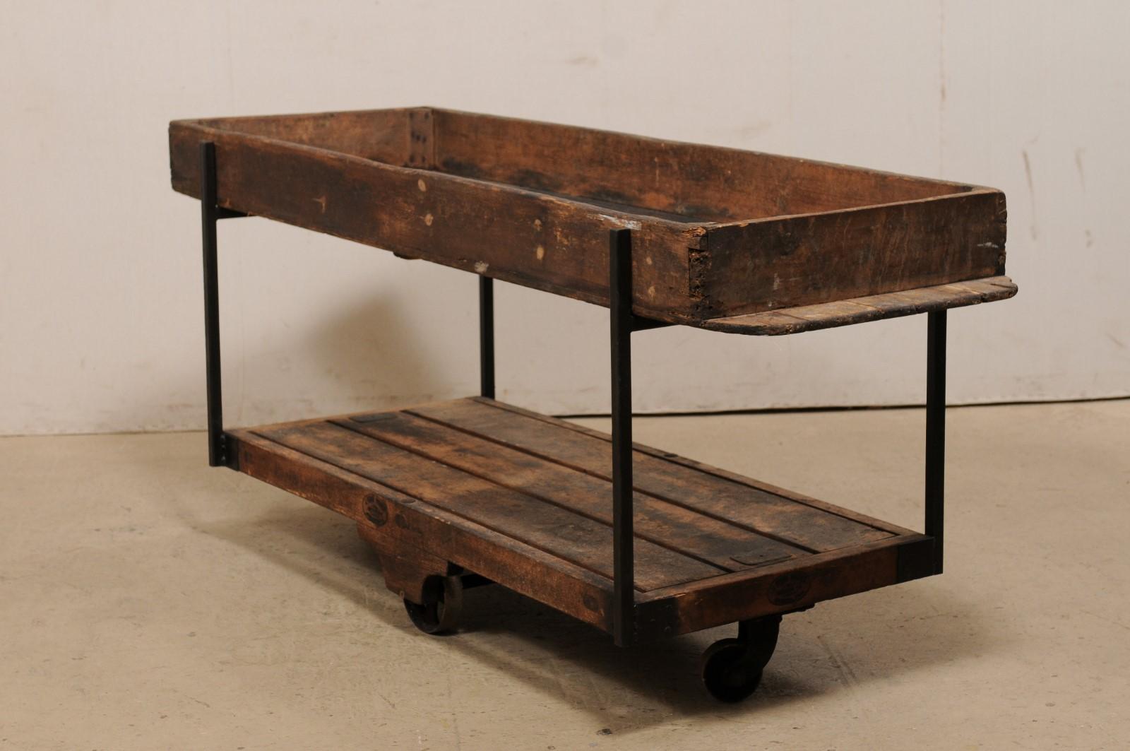 Two-Tiered Table Created w/ 19th C. Spanish Baker's Shelves, Rolls on Wheels 5