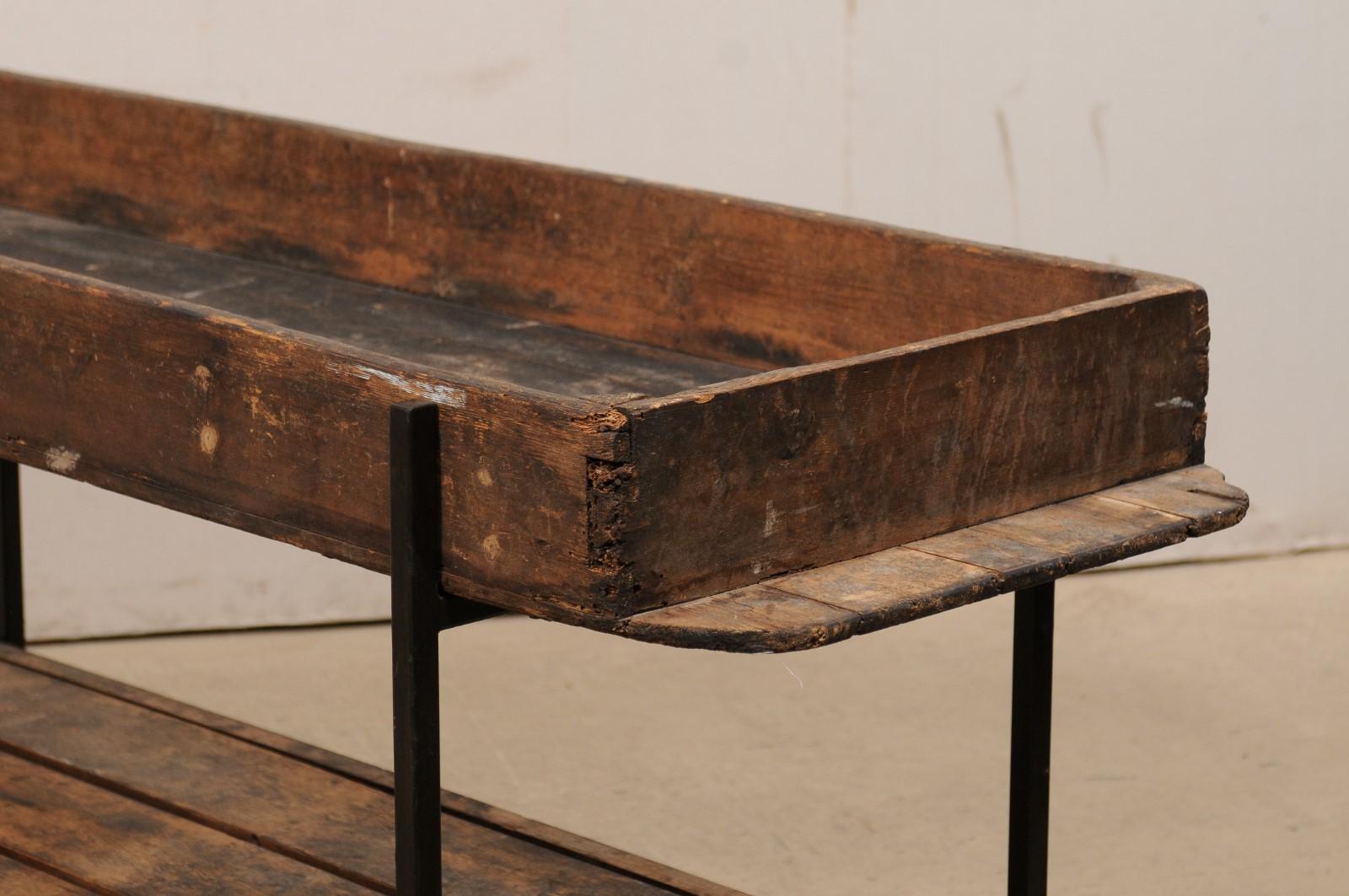 Two-Tiered Table Created w/ 19th C. Spanish Baker's Shelves, Rolls on Wheels 6