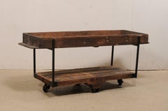 Two-Tiered Table Created w/ 19th C. Spanish Baker's Shelves, Rolls on Wheels