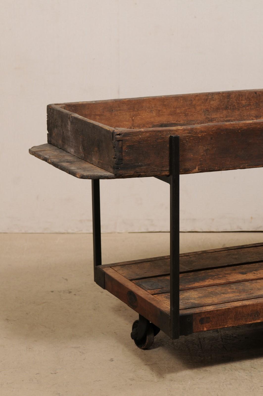 Two-Tiered Table Created w/ 19th C. Spanish Baker's Shelves, Rolls on Wheels In Good Condition In Atlanta, GA