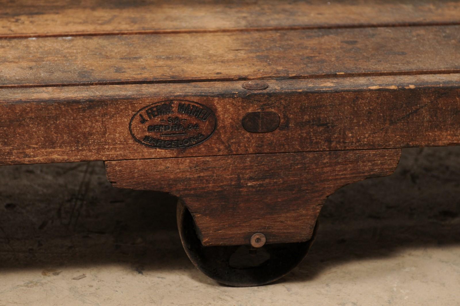 Wood Two-Tiered Table Created w/ 19th C. Spanish Baker's Shelves, Rolls on Wheels