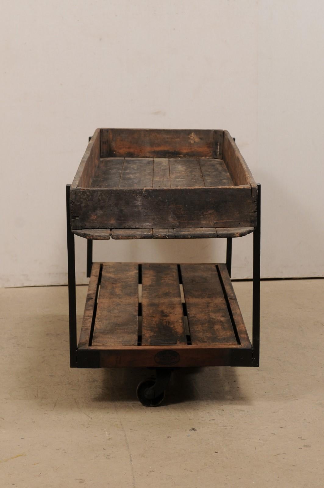 Two-Tiered Table Created w/ 19th C. Spanish Baker's Shelves, Rolls on Wheels 2