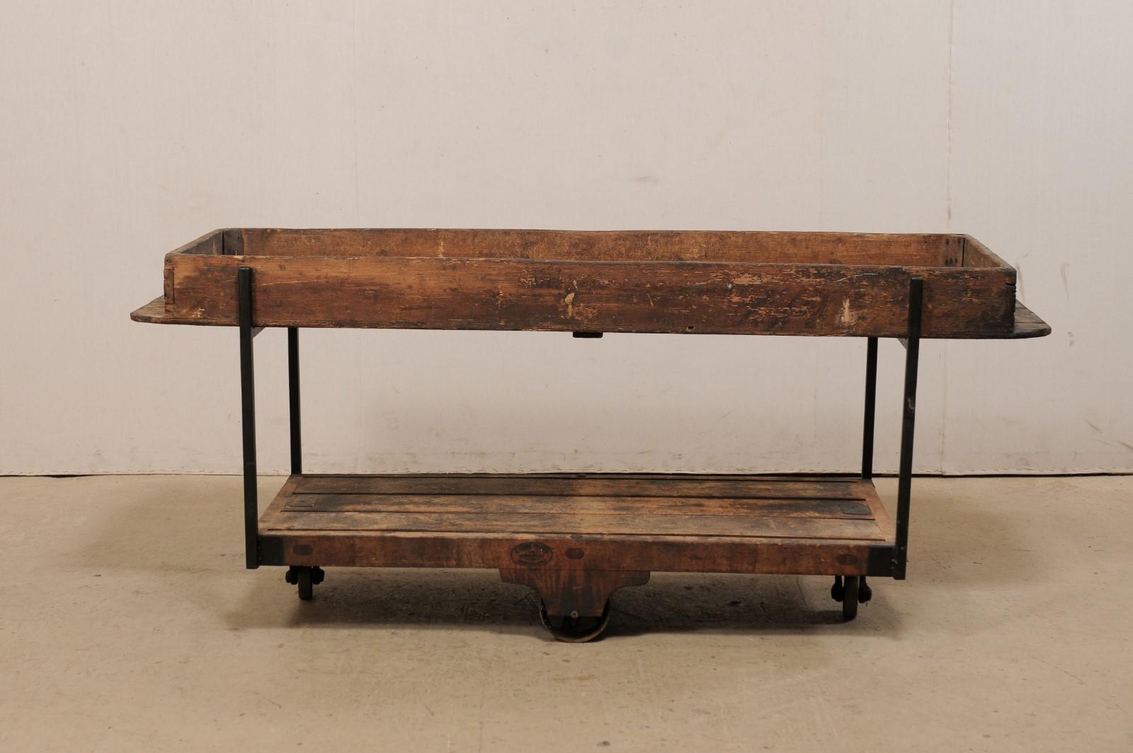 Two-Tiered Table Created w/ 19th C. Spanish Baker's Shelves, Rolls on Wheels 3