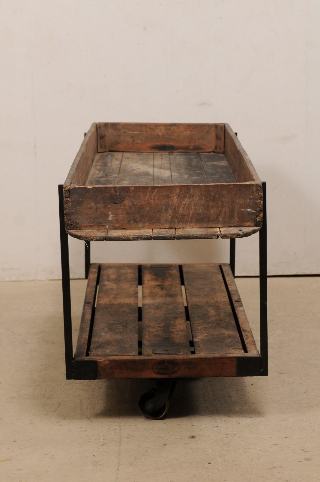 Two-Tiered Table Created w/ 19th C. Spanish Baker's Shelves, Rolls on Wheels 4