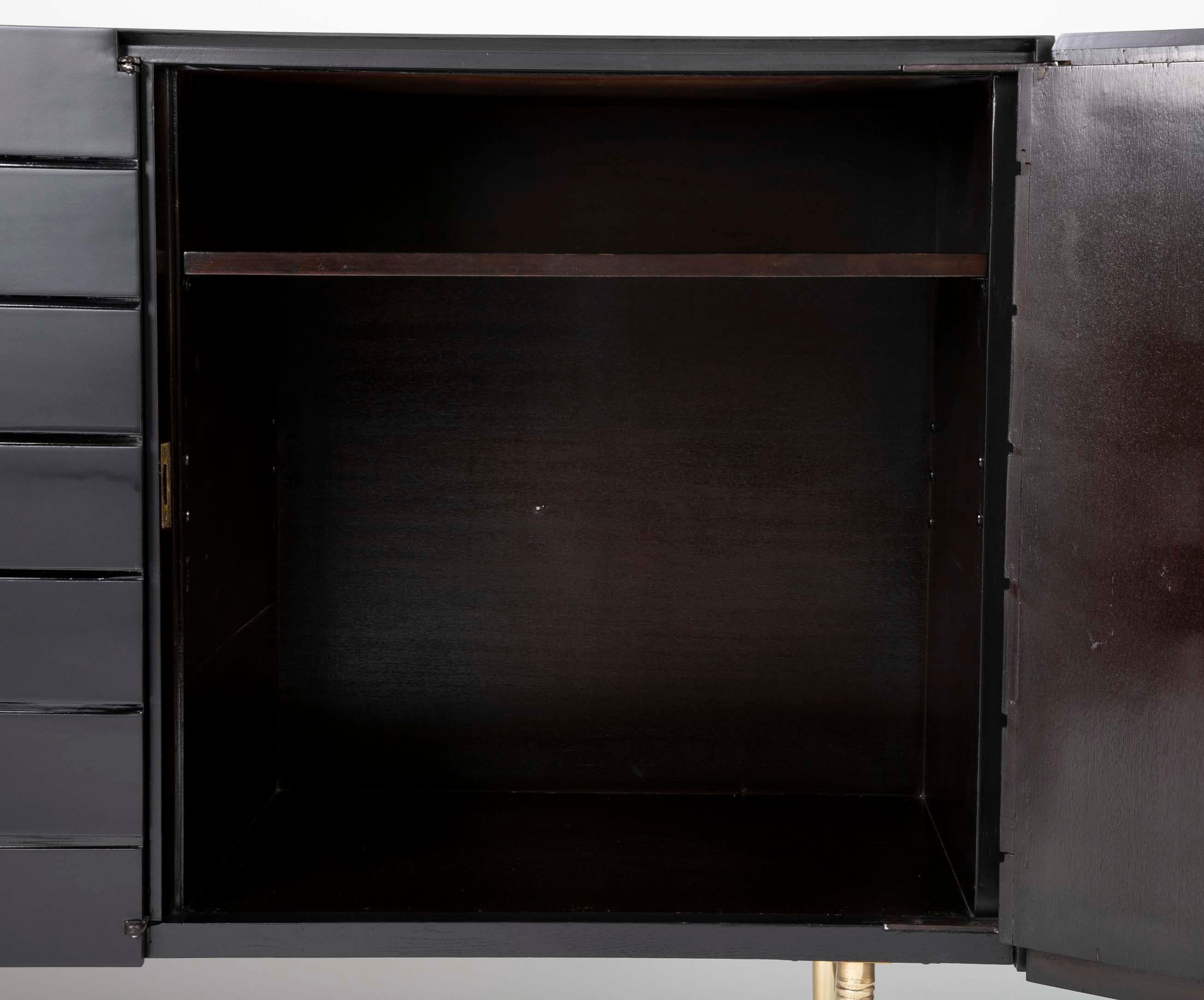 Ebonized Two-Tone Black Italian Credenza on Brass Legs For Sale