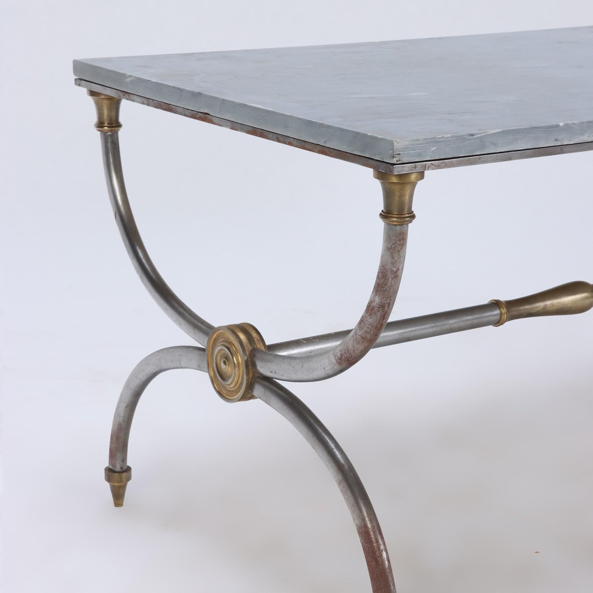 Empire Two-Tone Bronze and Steel Coffee Table with Marble Top, Jansen C 1950