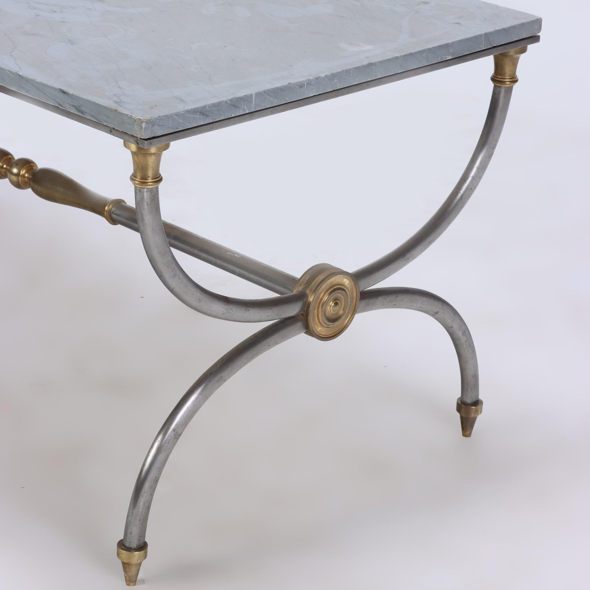 Two-Tone Bronze and Steel Coffee Table with Marble Top, Jansen C 1950 In Good Condition In Philadelphia, PA