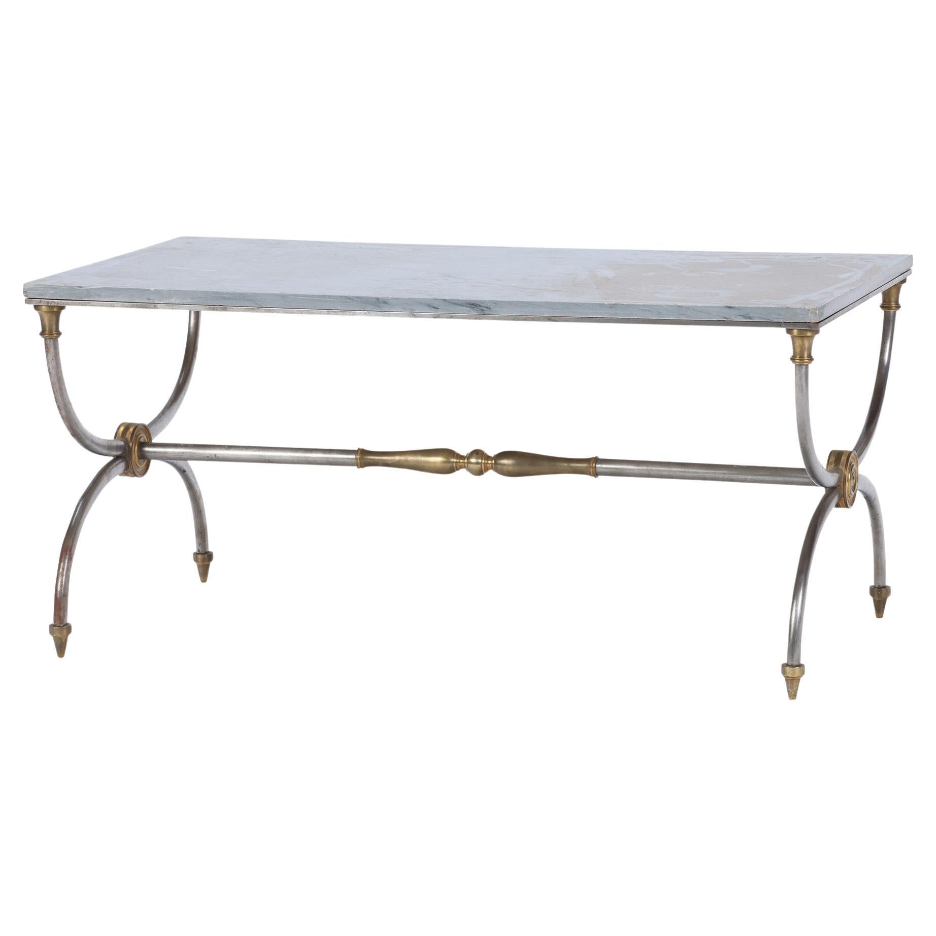 Two-Tone Bronze and Steel Coffee Table with Marble Top, Jansen C 1950