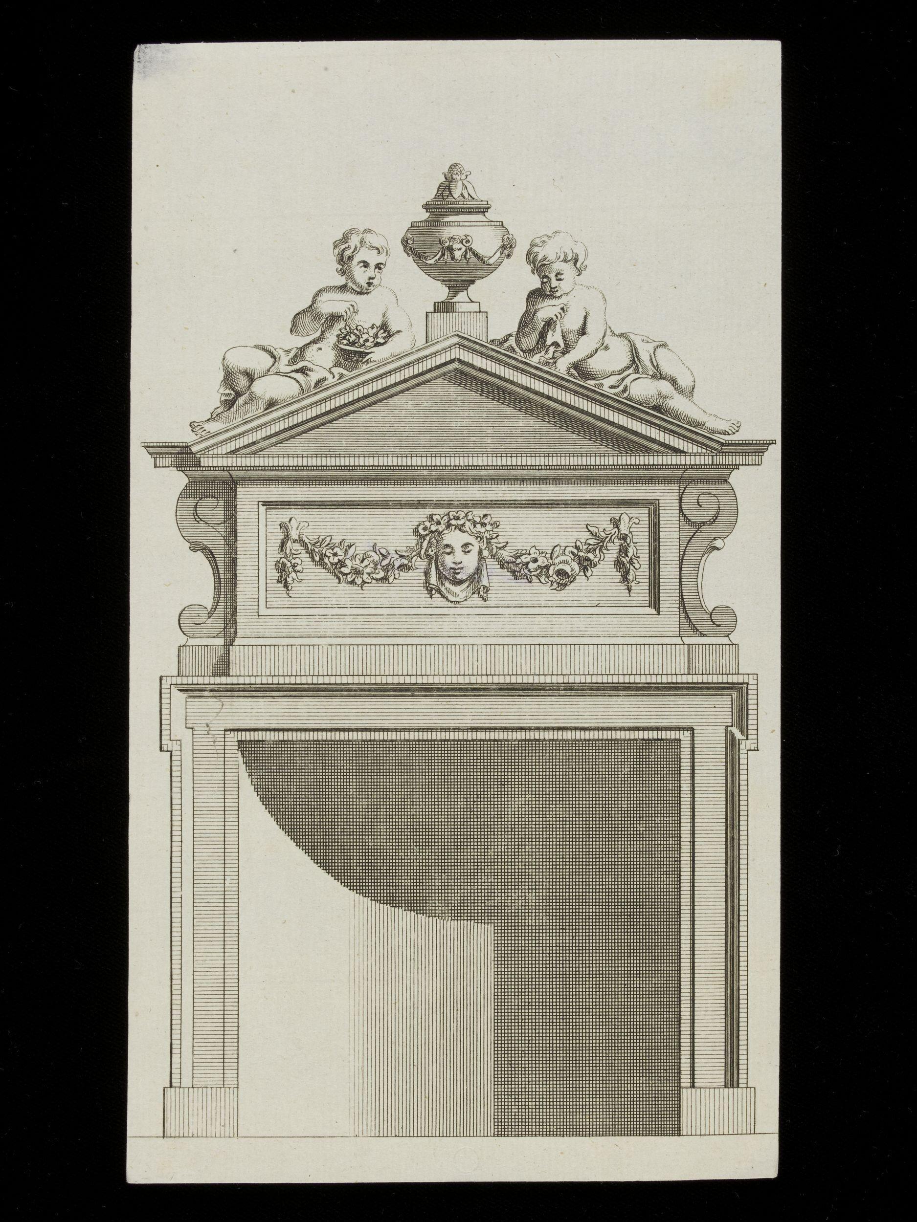 The central frieze is carved with a Rococo vase of flowers, flanked by scrolling motifs. This supports a broken pediment with acanthine modillions to the under-mould. The opening frame is made of Portoro marble ingrounds, standing on white marble