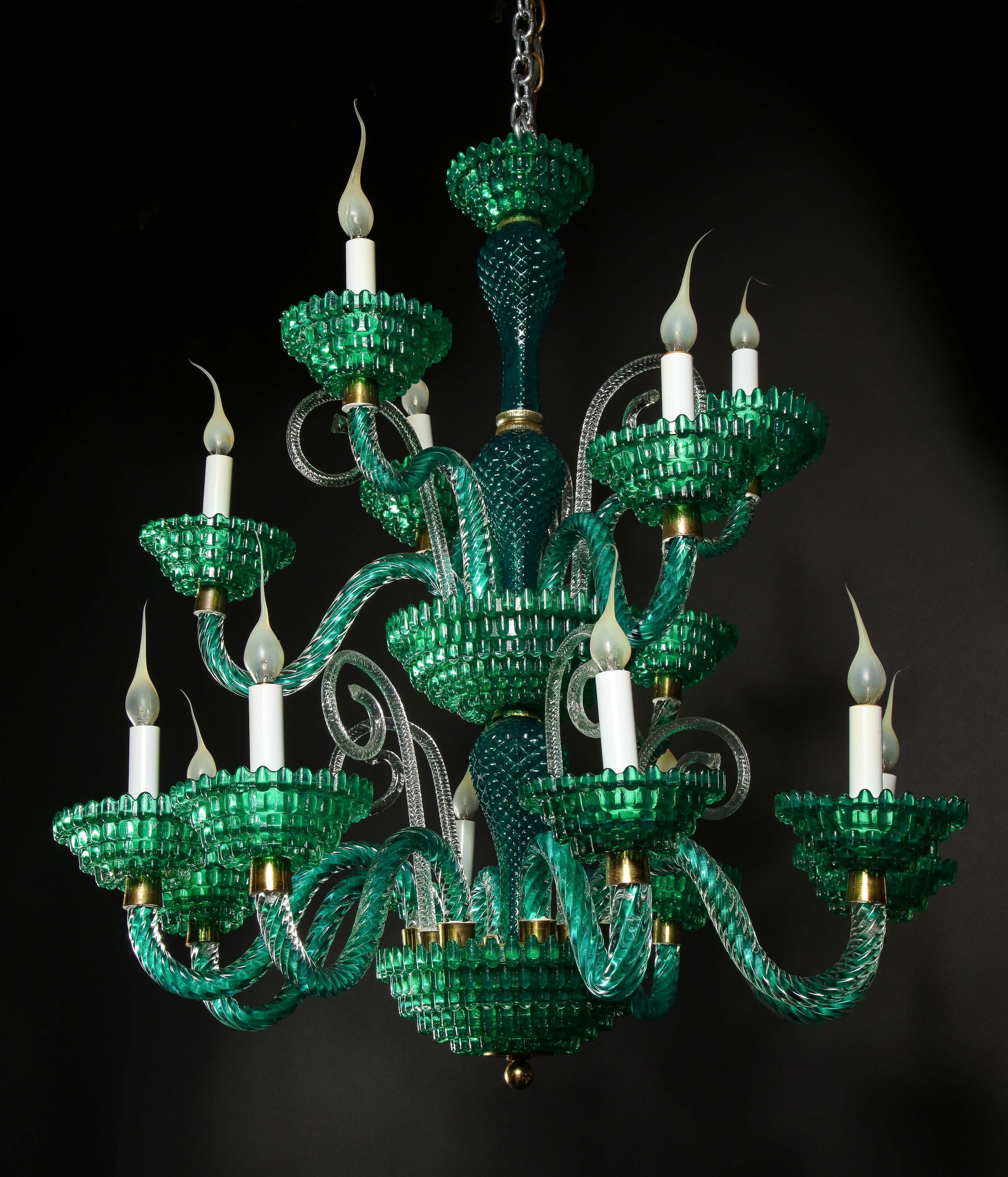 Unique and Large Antique Art Deco Italian Murano Glass Green Chandelier 4