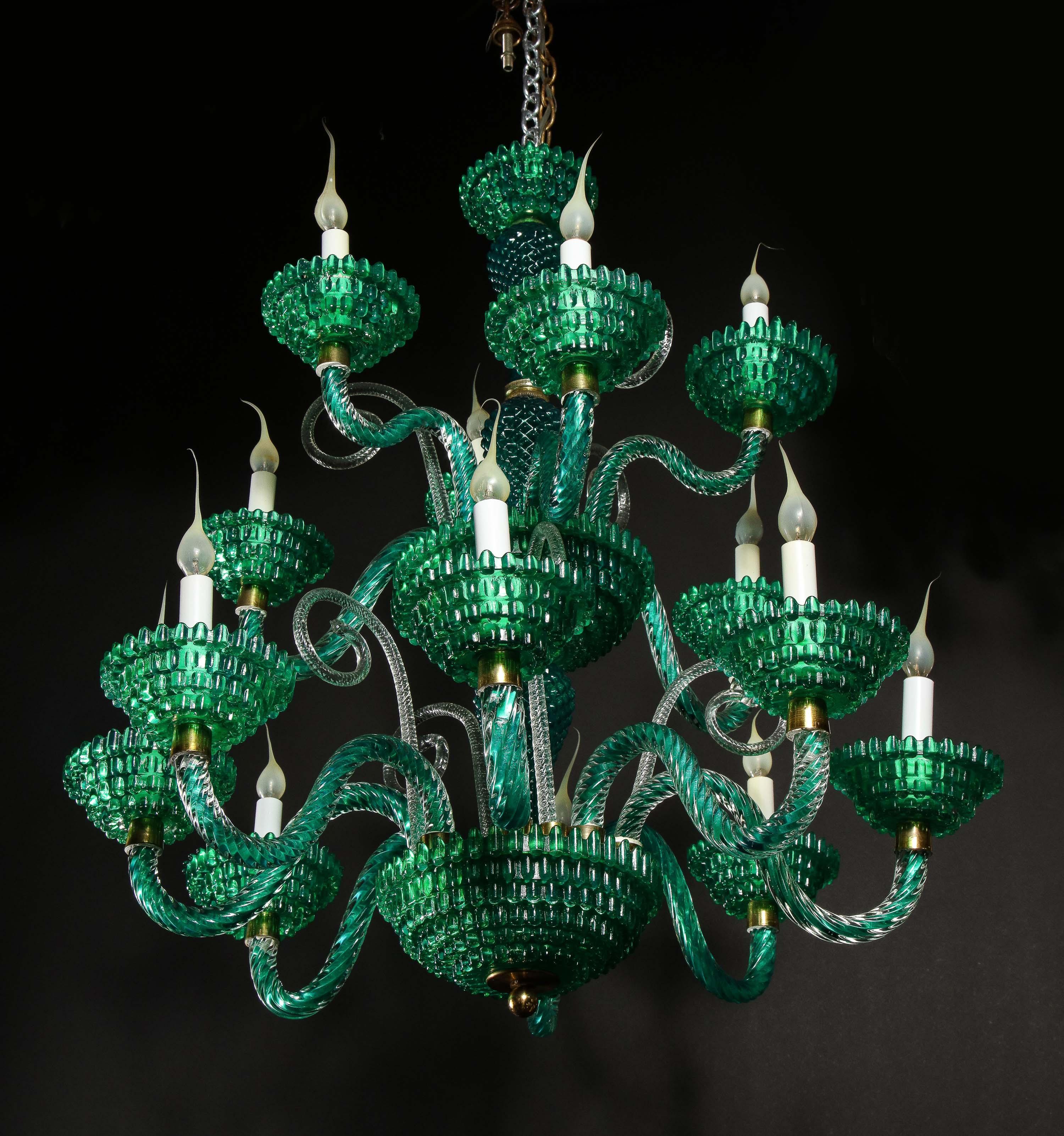Unique and Large Antique Art Deco Italian Murano Glass Green Chandelier 9