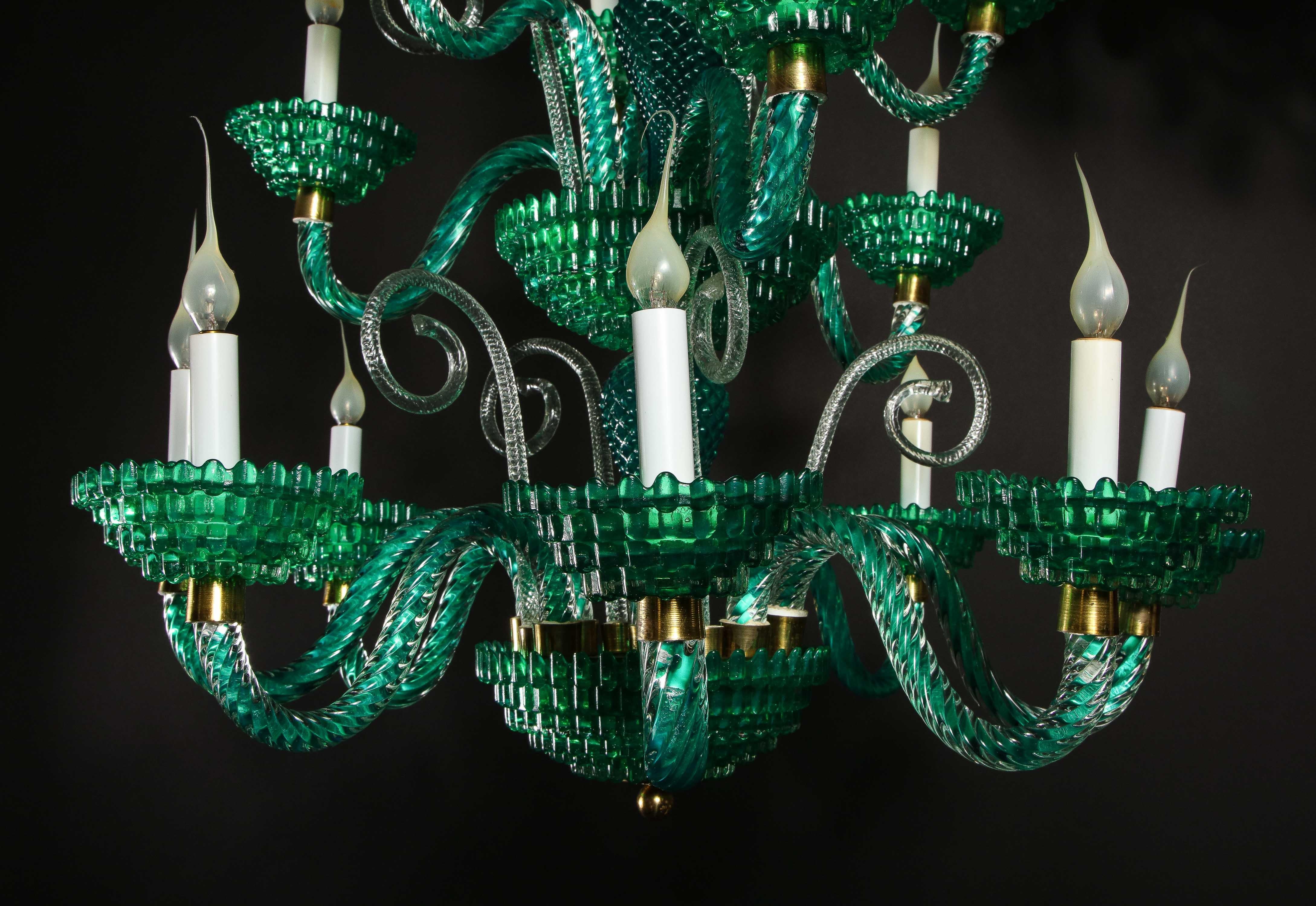 Unique and Large Antique Art Deco Italian Murano Glass Green Chandelier 12