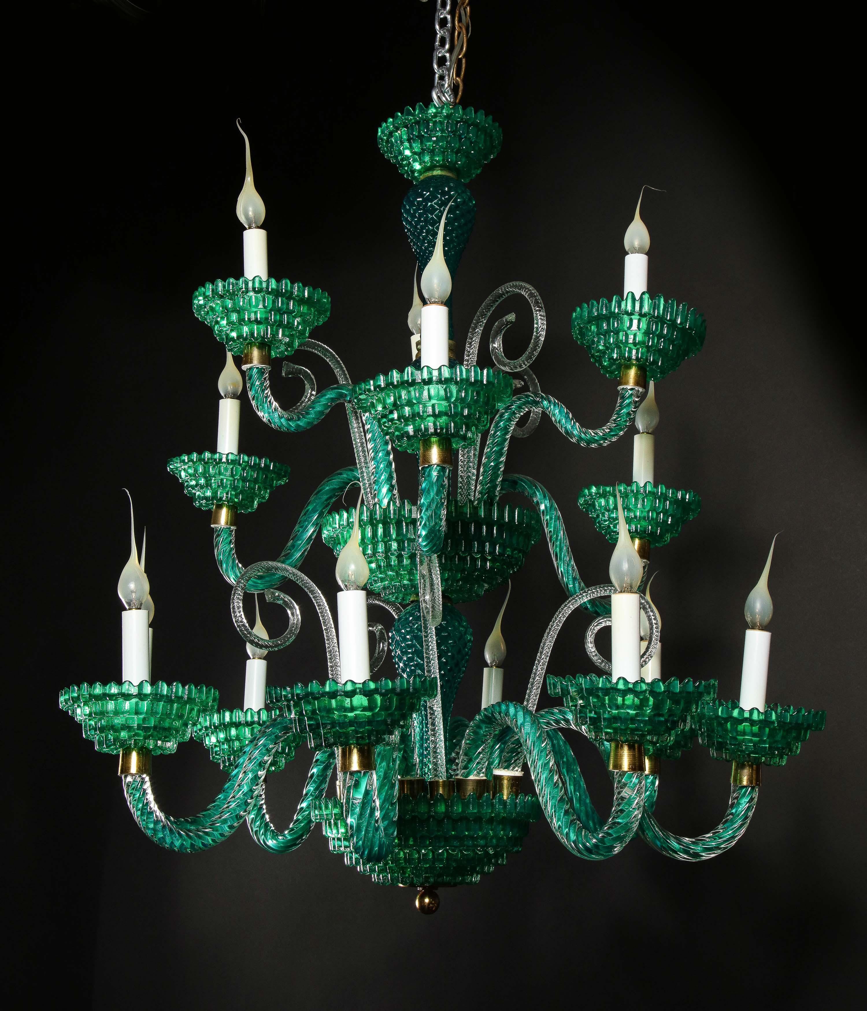 Hand-Crafted Unique and Large Antique Art Deco Italian Murano Glass Green Chandelier