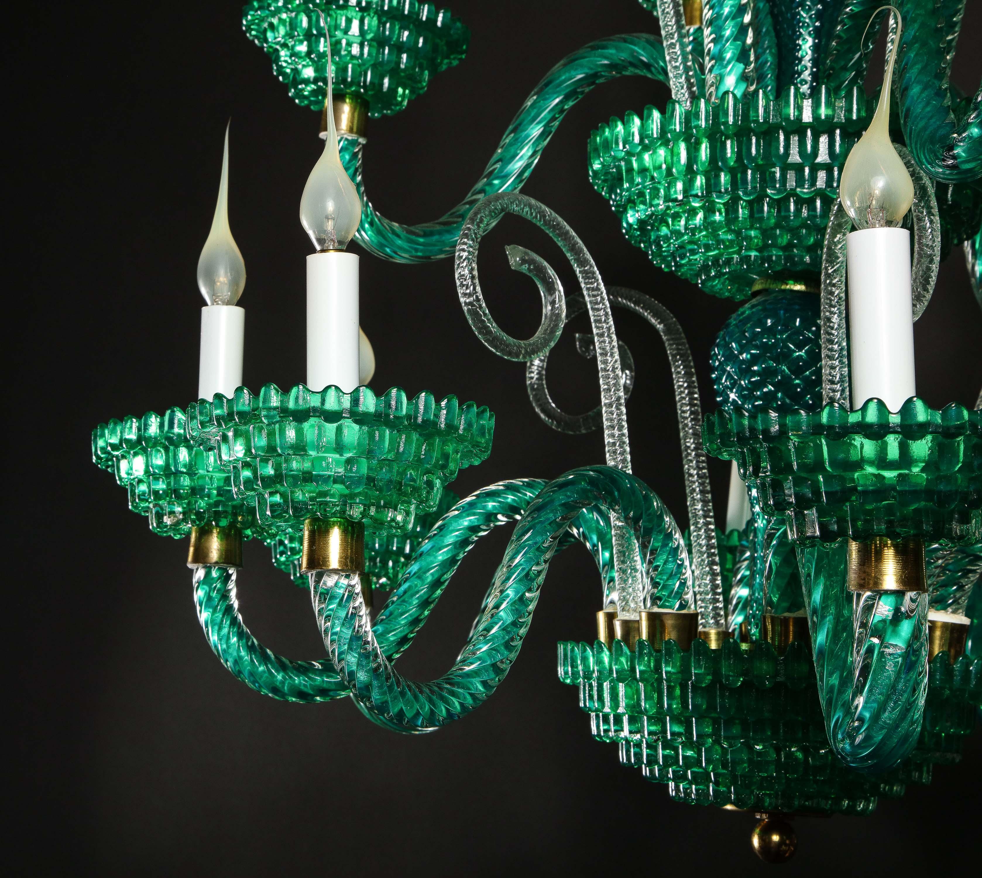 Unique and Large Antique Art Deco Italian Murano Glass Green Chandelier In Good Condition In New York, NY