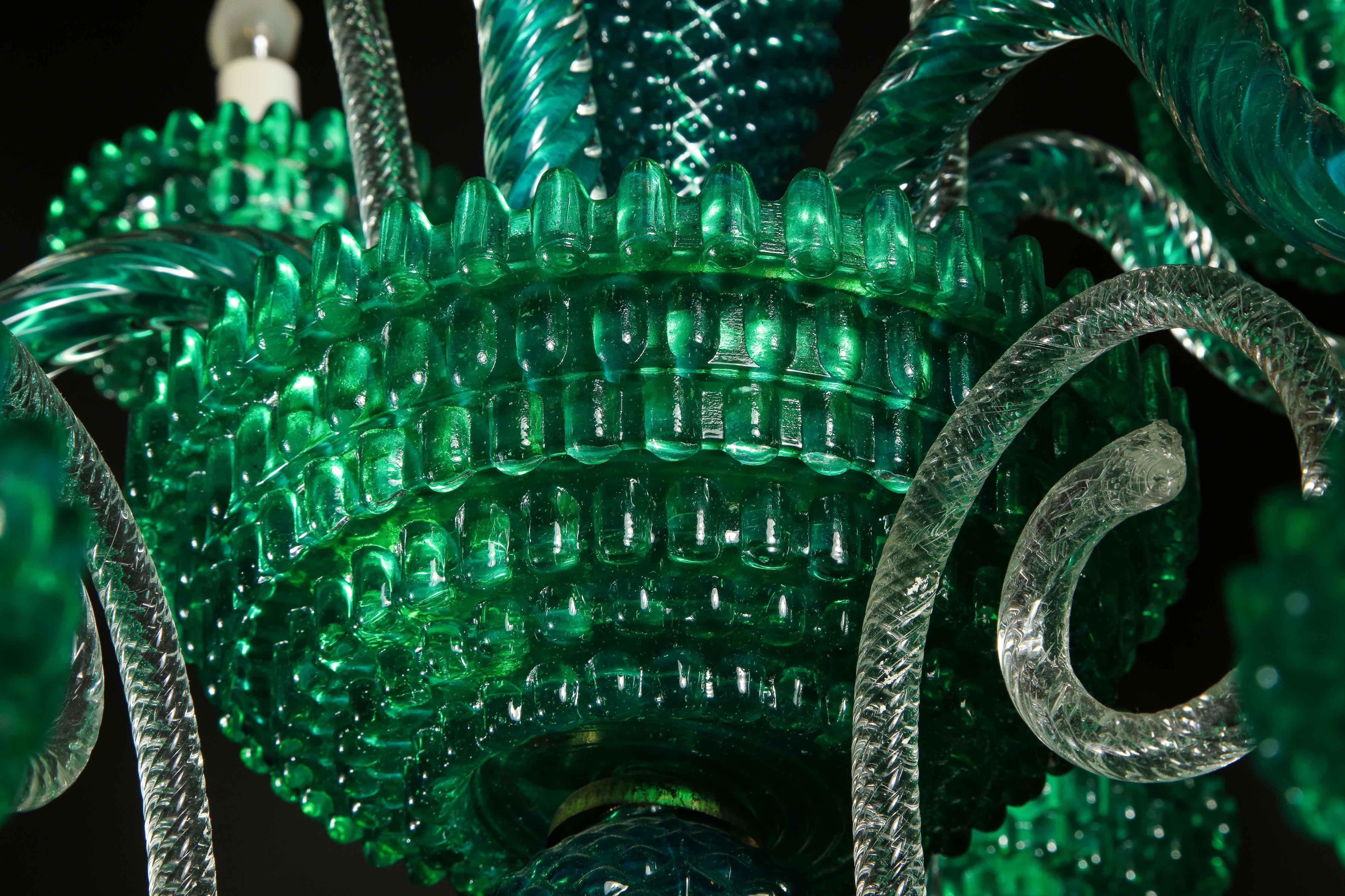 Blown Glass Unique and Large Antique Art Deco Italian Murano Glass Green Chandelier
