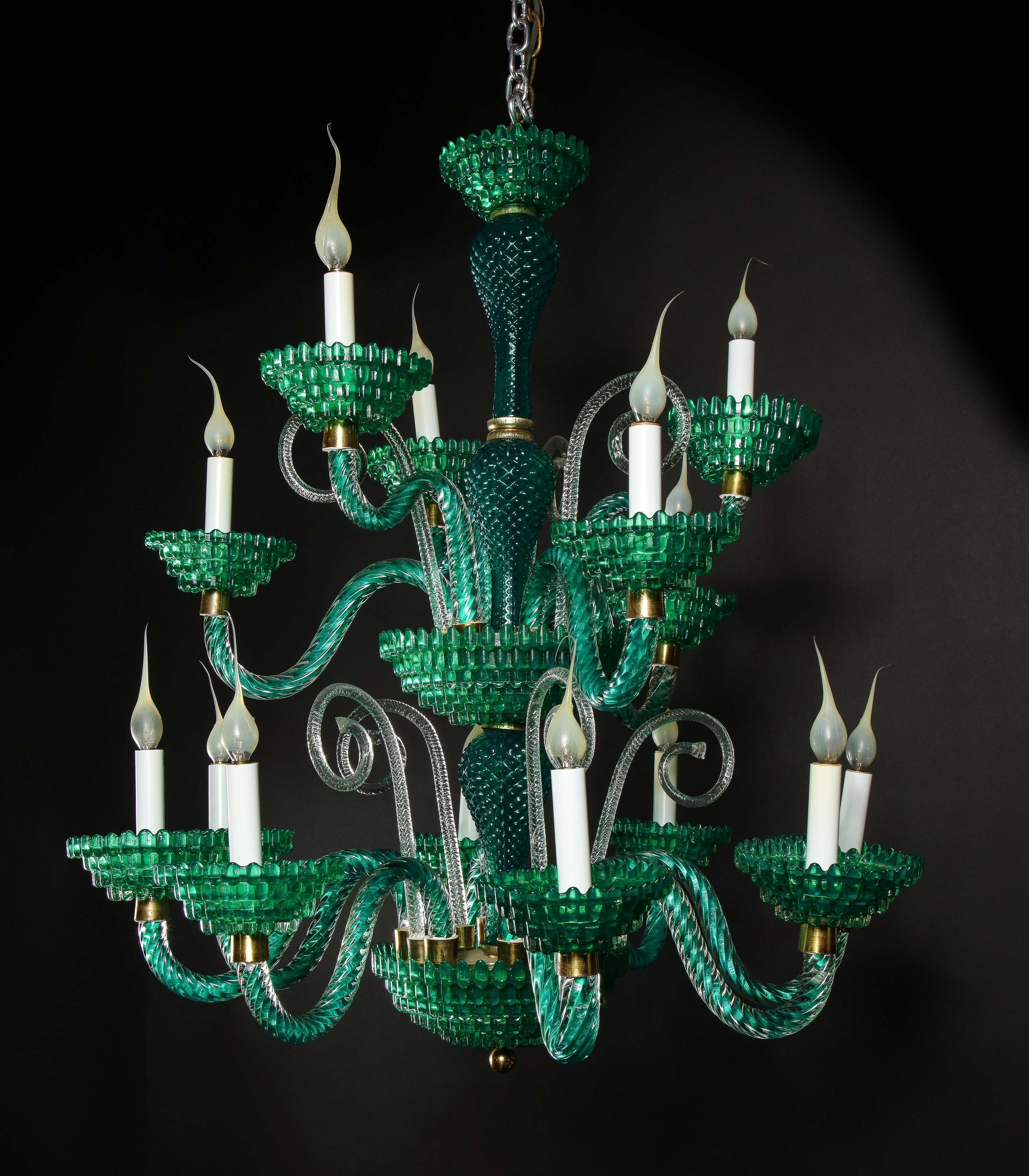 Unique and Large Antique Art Deco Italian Murano Glass Green Chandelier 1