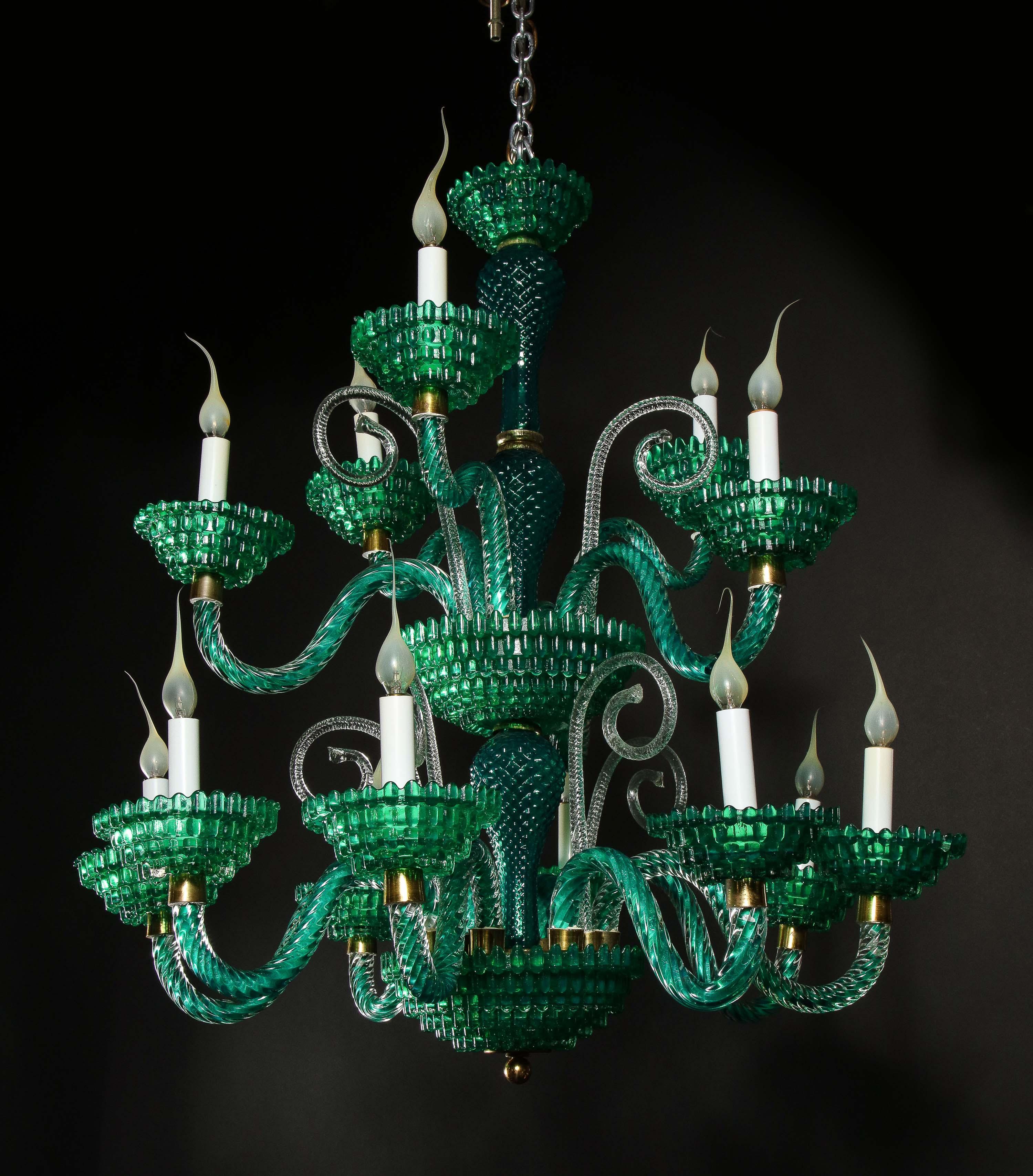 Unique and Large Antique Art Deco Italian Murano Glass Green Chandelier 3