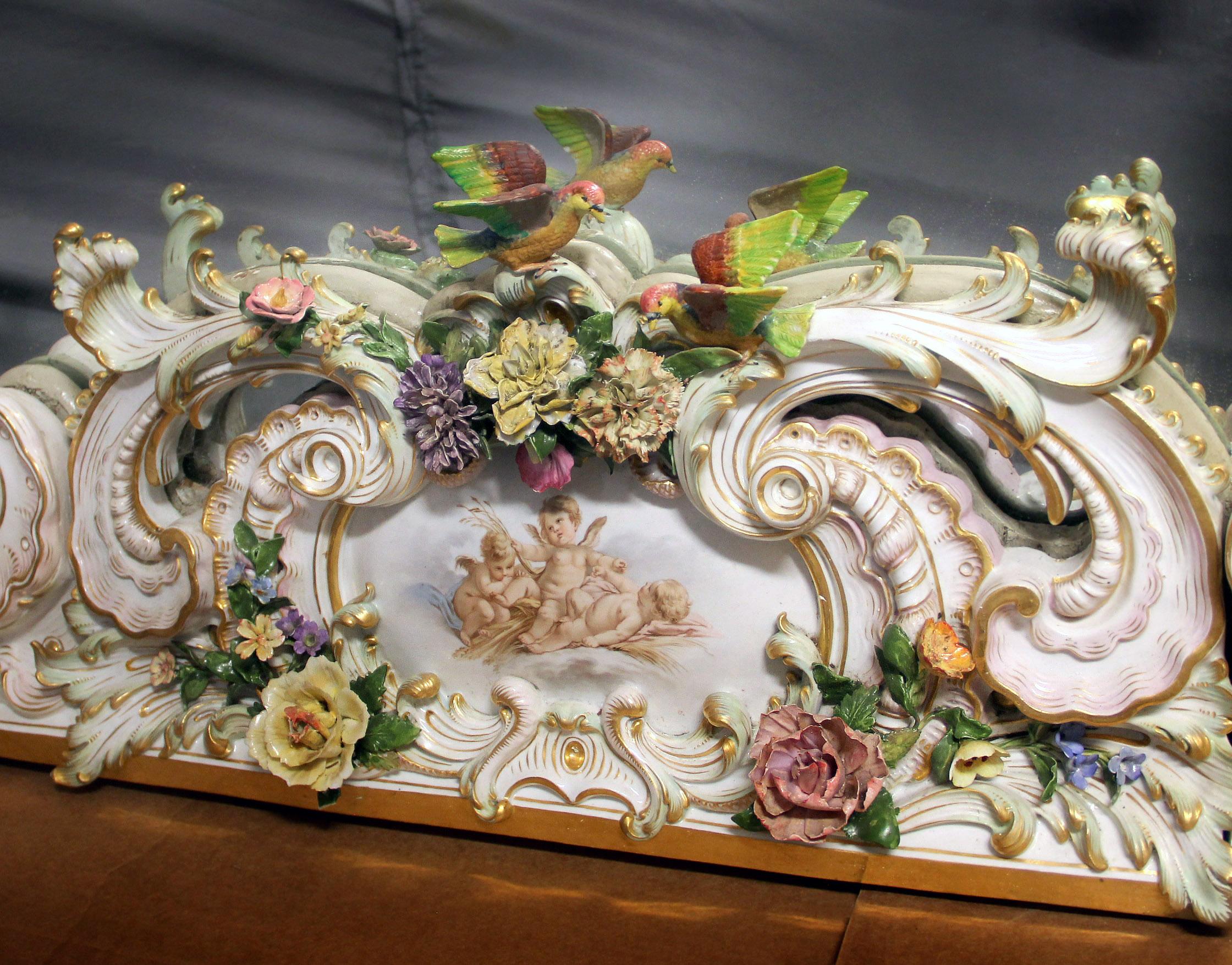 Hand-Painted Unique and Monumental Late 19th Century German Meissen Porcelain Mirror For Sale