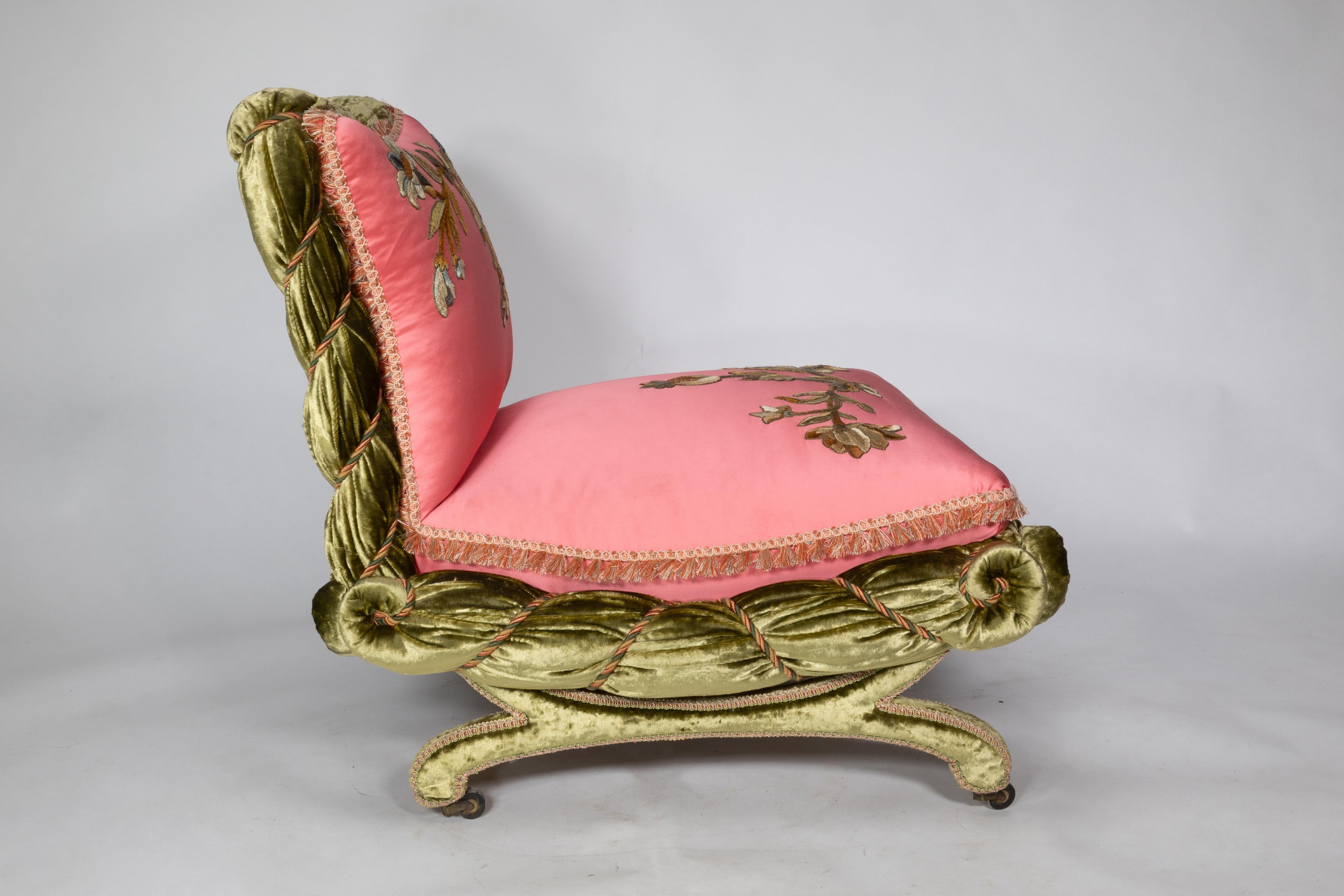 Aesthetic Movement Le Bon Marché Boudoir chair upholstery restored b The Royal School of Needlework For Sale