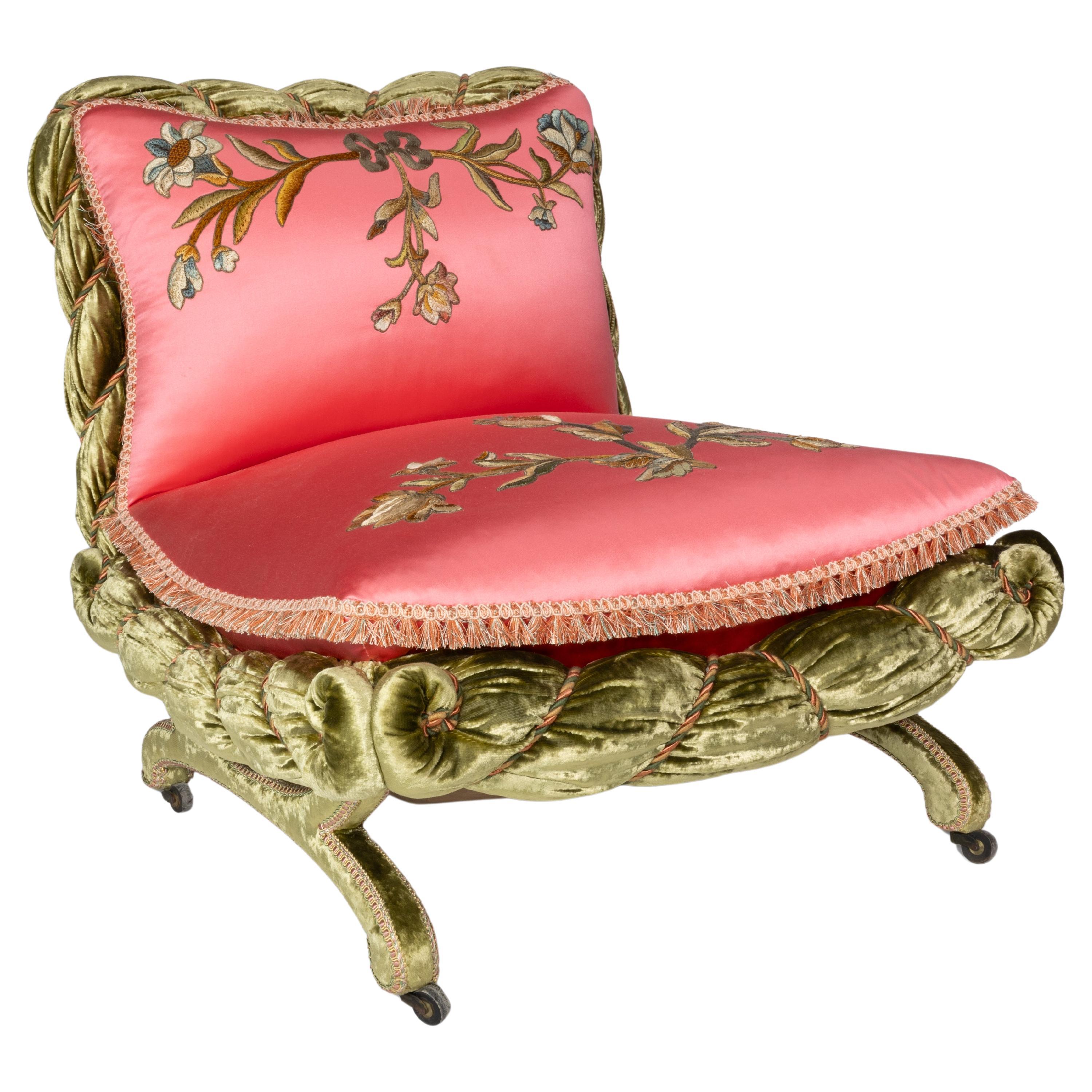 The Bon Marché Boudoir chair upholstery restored by The Royal School of Needlework (L'école royale de l'aiguille) en vente