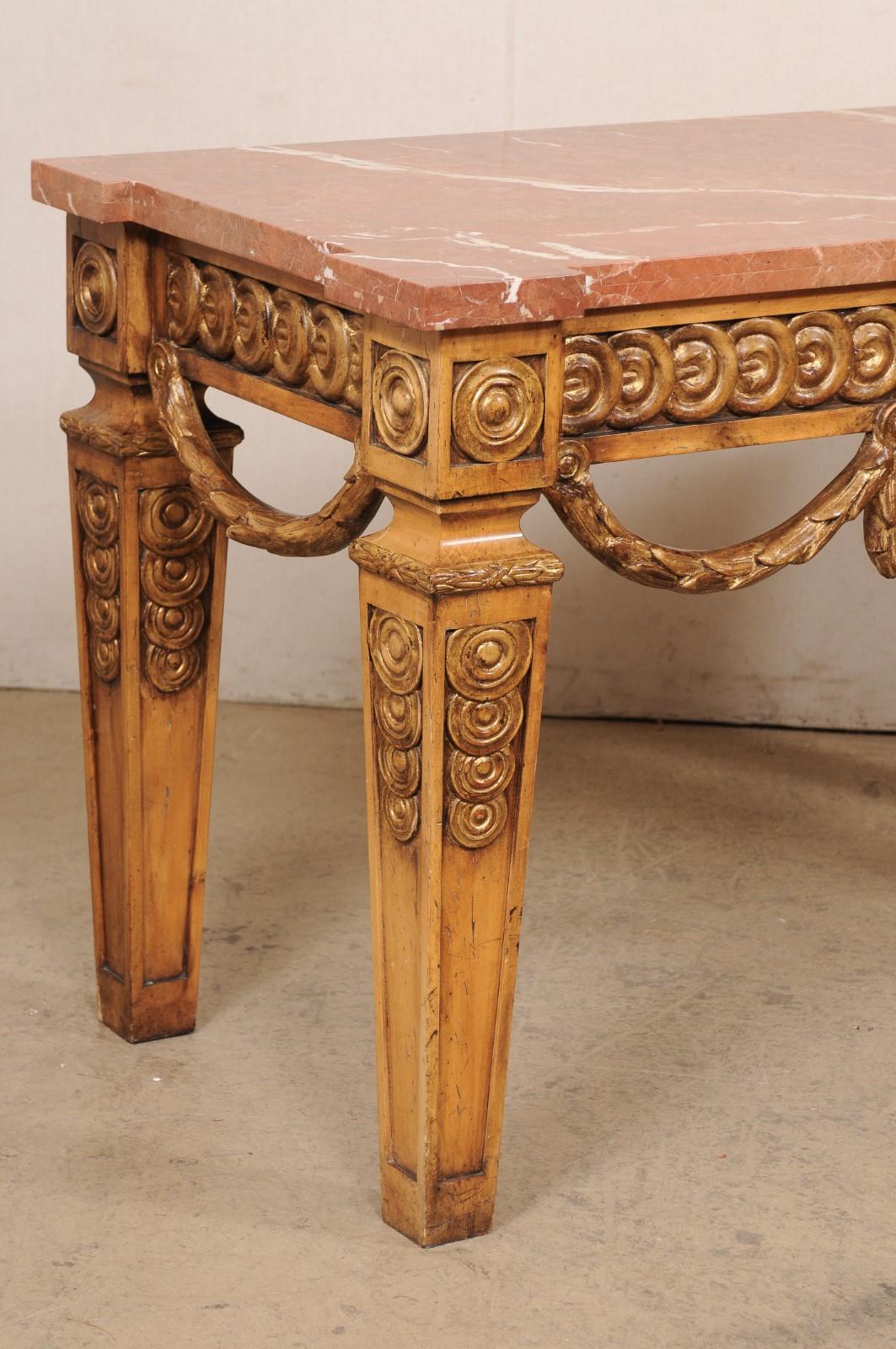 American A Unique Carved Wood & Marble Top Console Table w/Bold Robust Presence, 5 Ft  For Sale