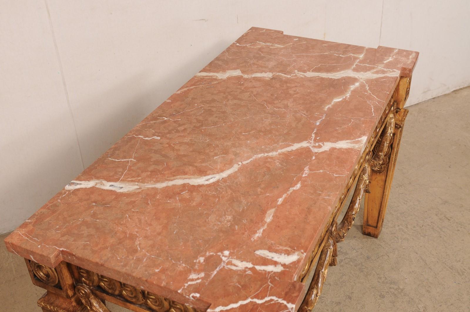 A Unique Carved Wood & Marble Top Console Table w/Bold Robust Presence, 5 Ft In Good Condition For Sale In Atlanta, GA