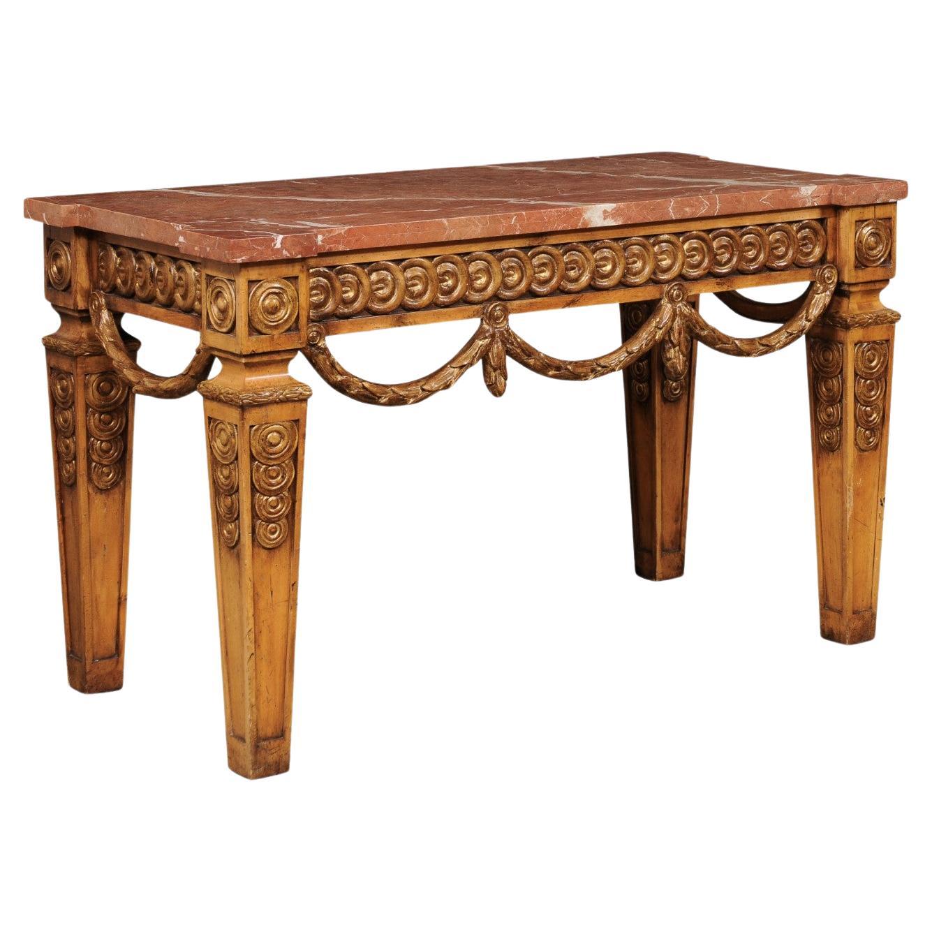 A Unique Carved Wood & Marble Top Console Table w/Bold Robust Presence, 5 Ft  For Sale