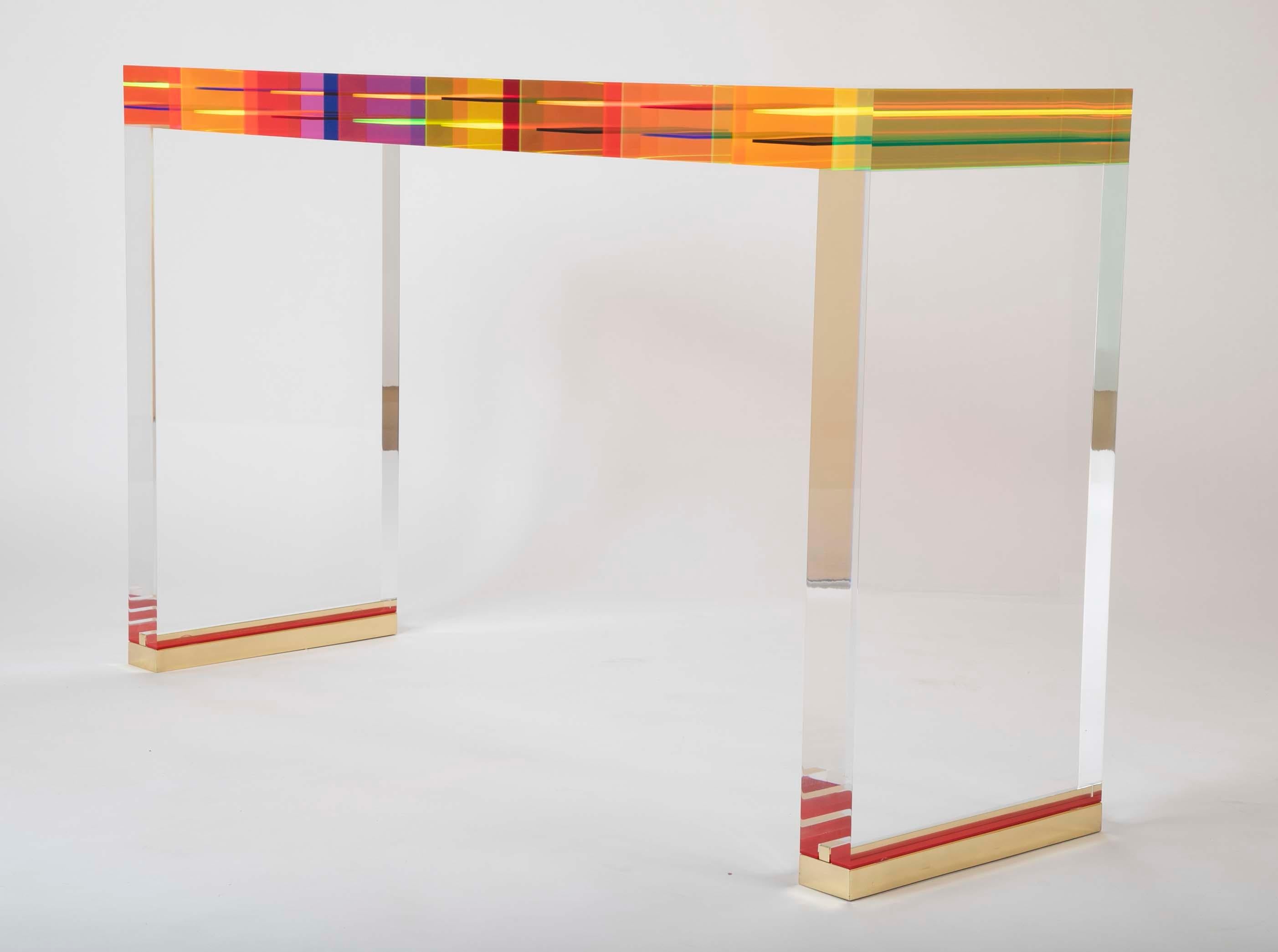 A Unique Contemporary Clear Lucite and Striped Console Table With Brass Feet 6