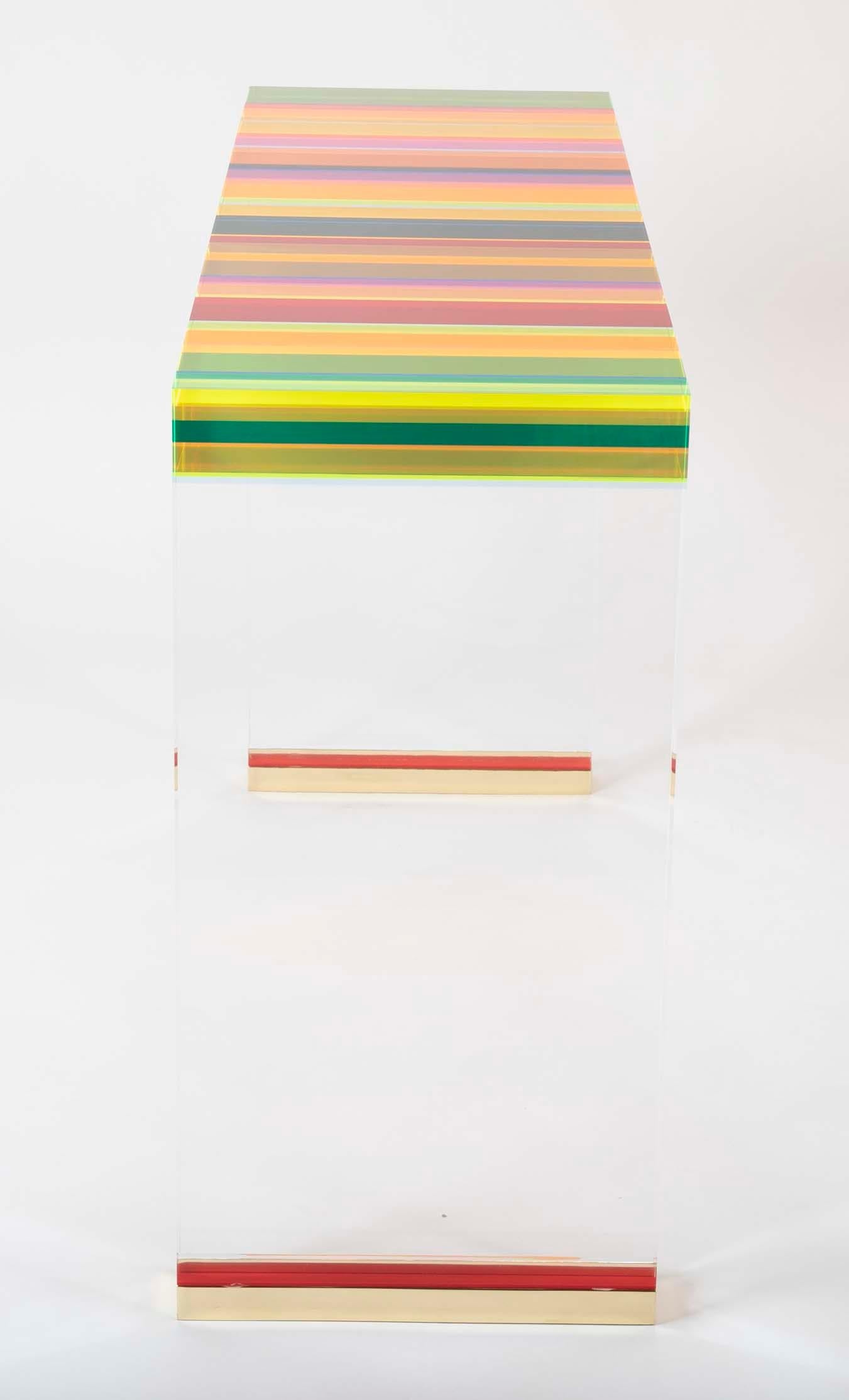 A Unique Contemporary Clear Lucite and Striped Console Table With Brass Feet 8
