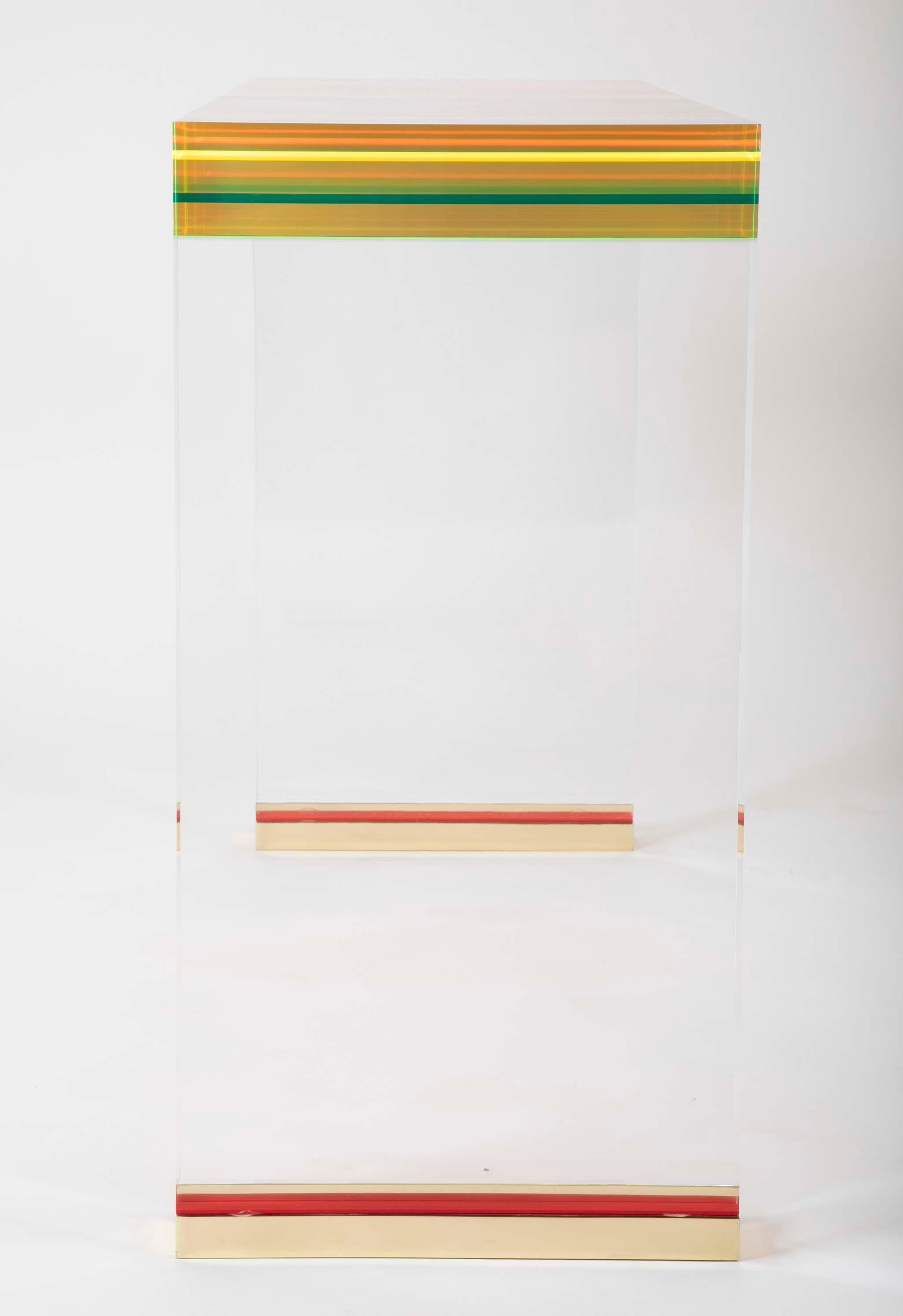 A Unique Contemporary Clear Lucite and Striped Console Table With Brass Feet 9
