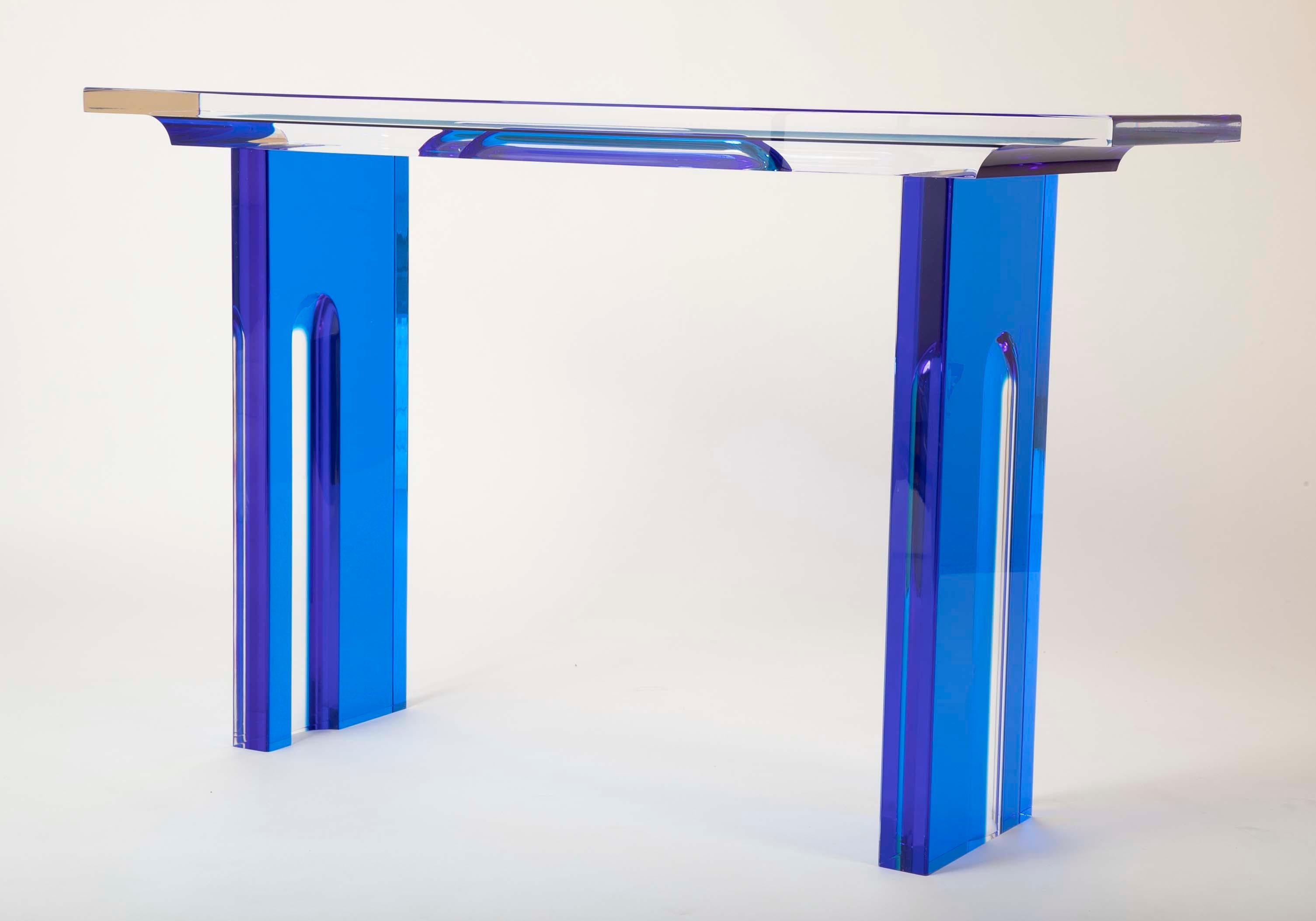 Unique Contemporary Lucite Console Table in Cobalt and Clear Lucite 5