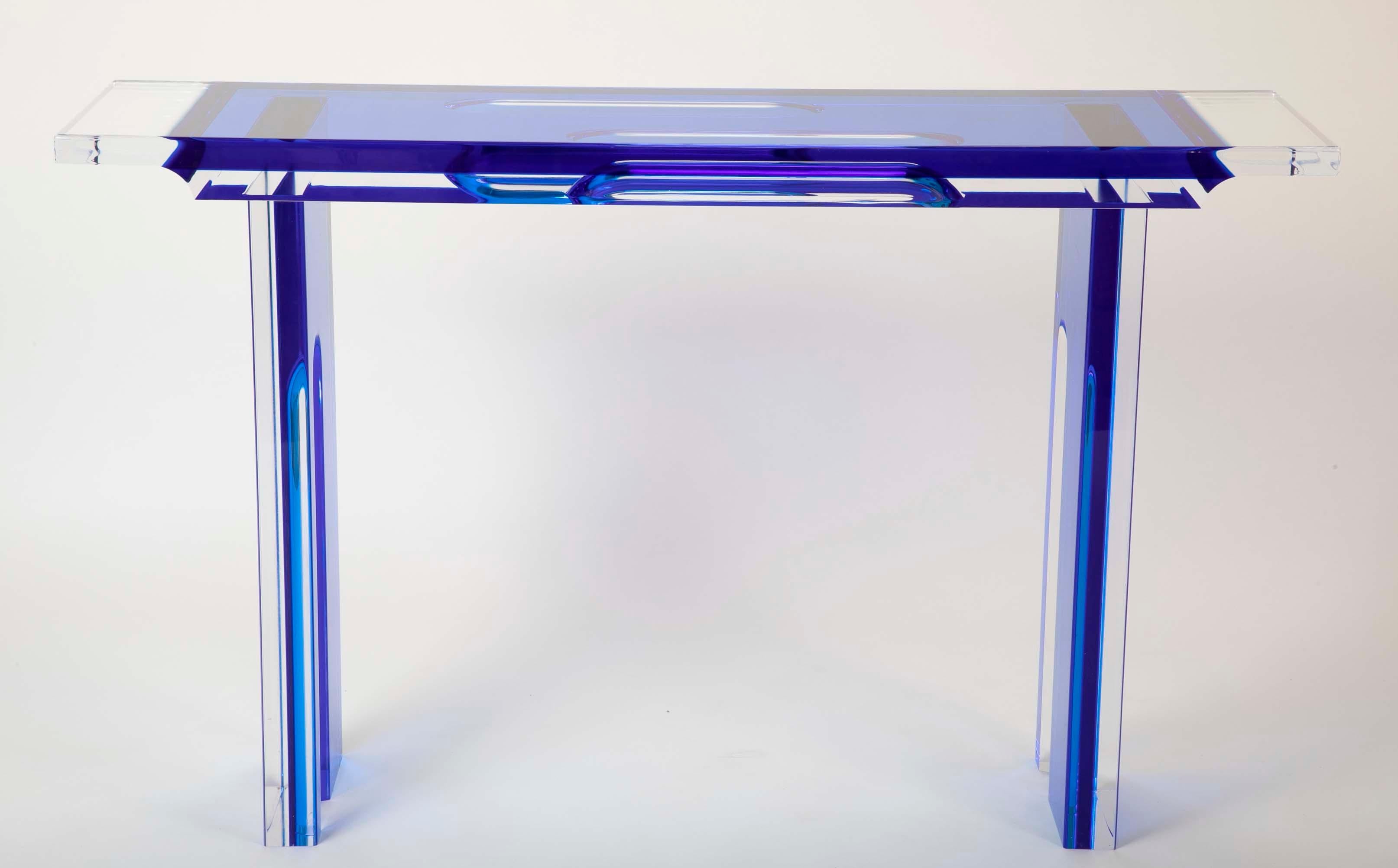 Unique Contemporary Lucite Console Table in Cobalt and Clear Lucite 7