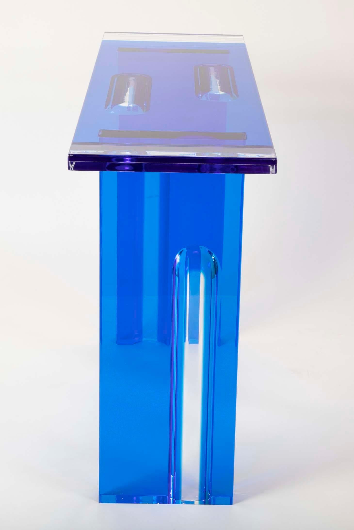 Unique Contemporary Lucite Console Table in Cobalt and Clear Lucite 8