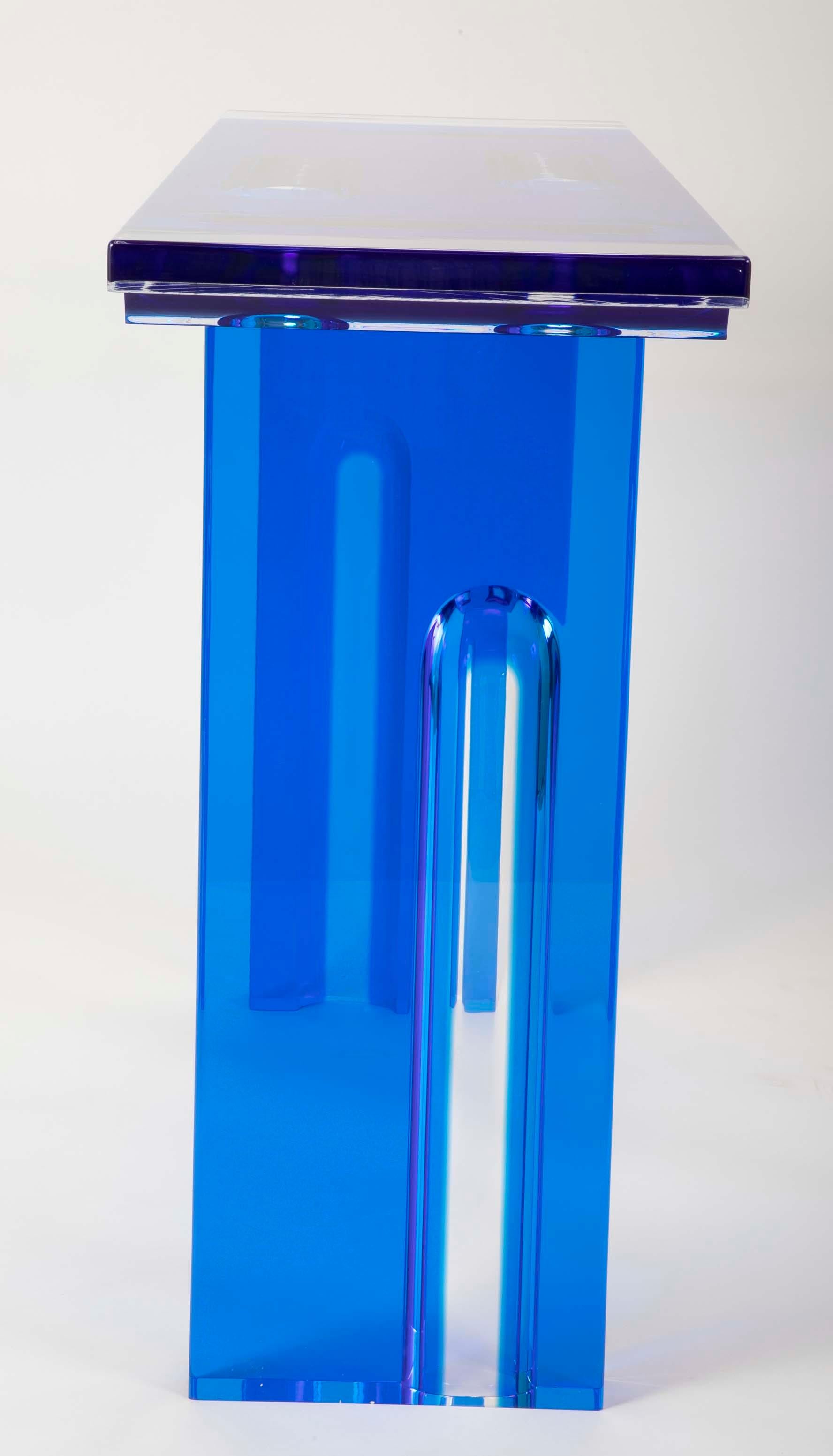 Unique Contemporary Lucite Console Table in Cobalt and Clear Lucite 9