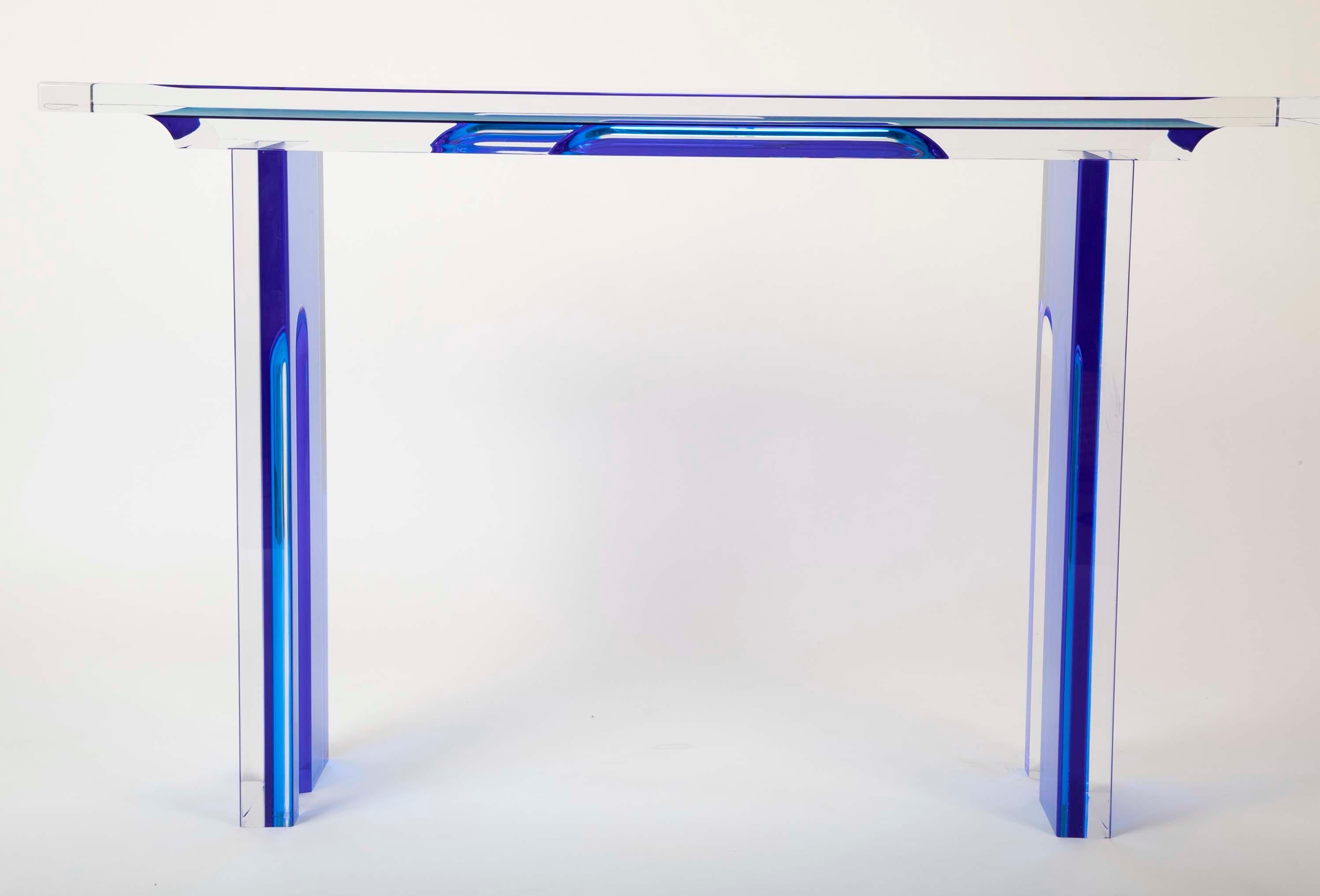 Modern Unique Contemporary Lucite Console Table in Cobalt and Clear Lucite