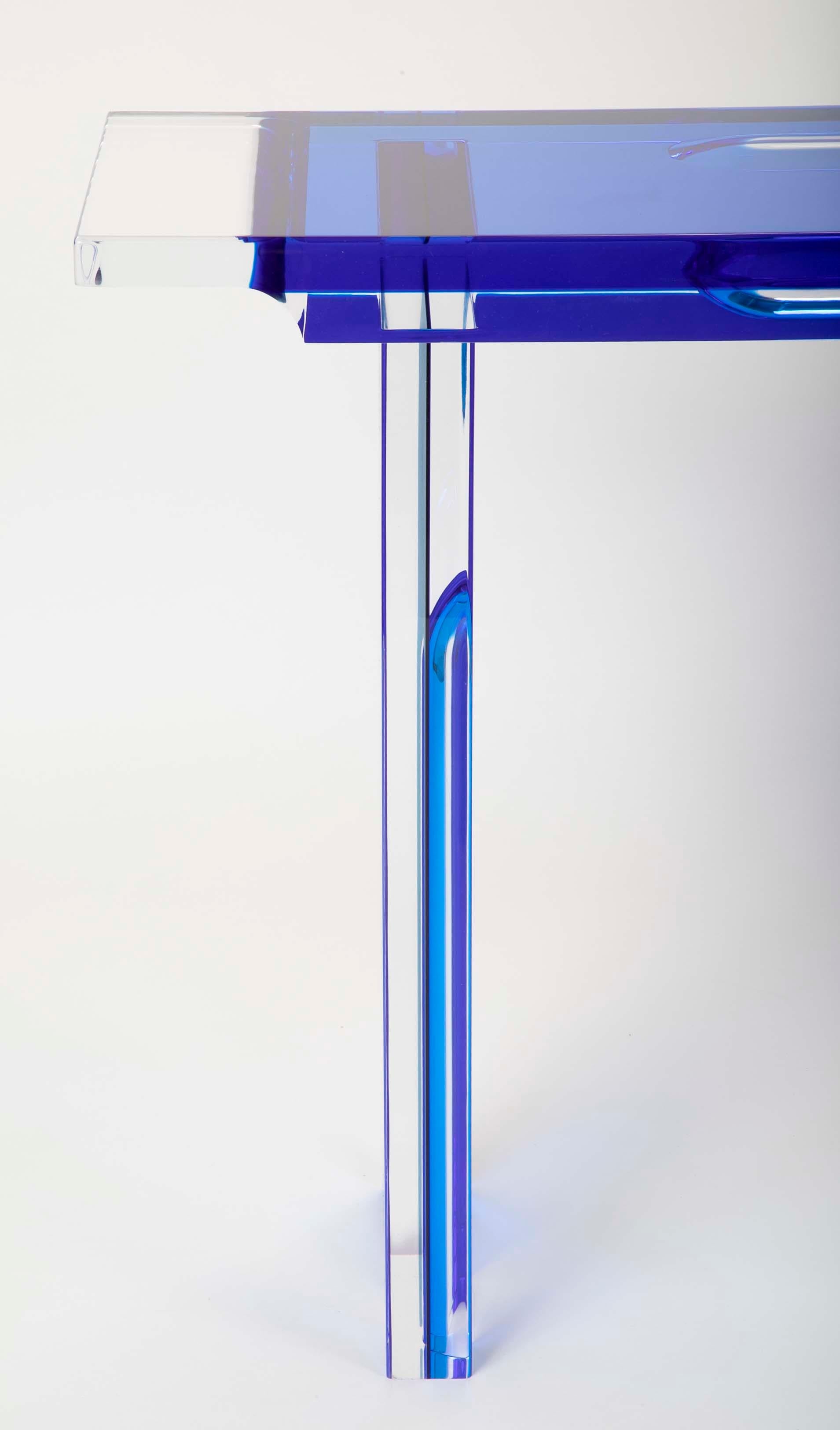 Italian Unique Contemporary Lucite Console Table in Cobalt and Clear Lucite