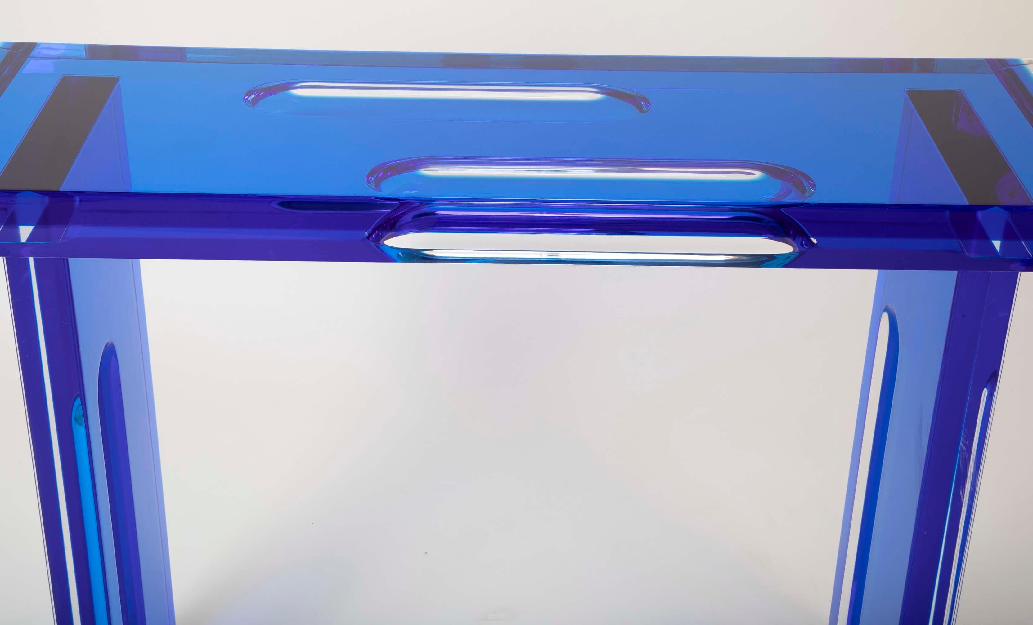 Unique Contemporary Lucite Console Table in Cobalt and Clear Lucite 1