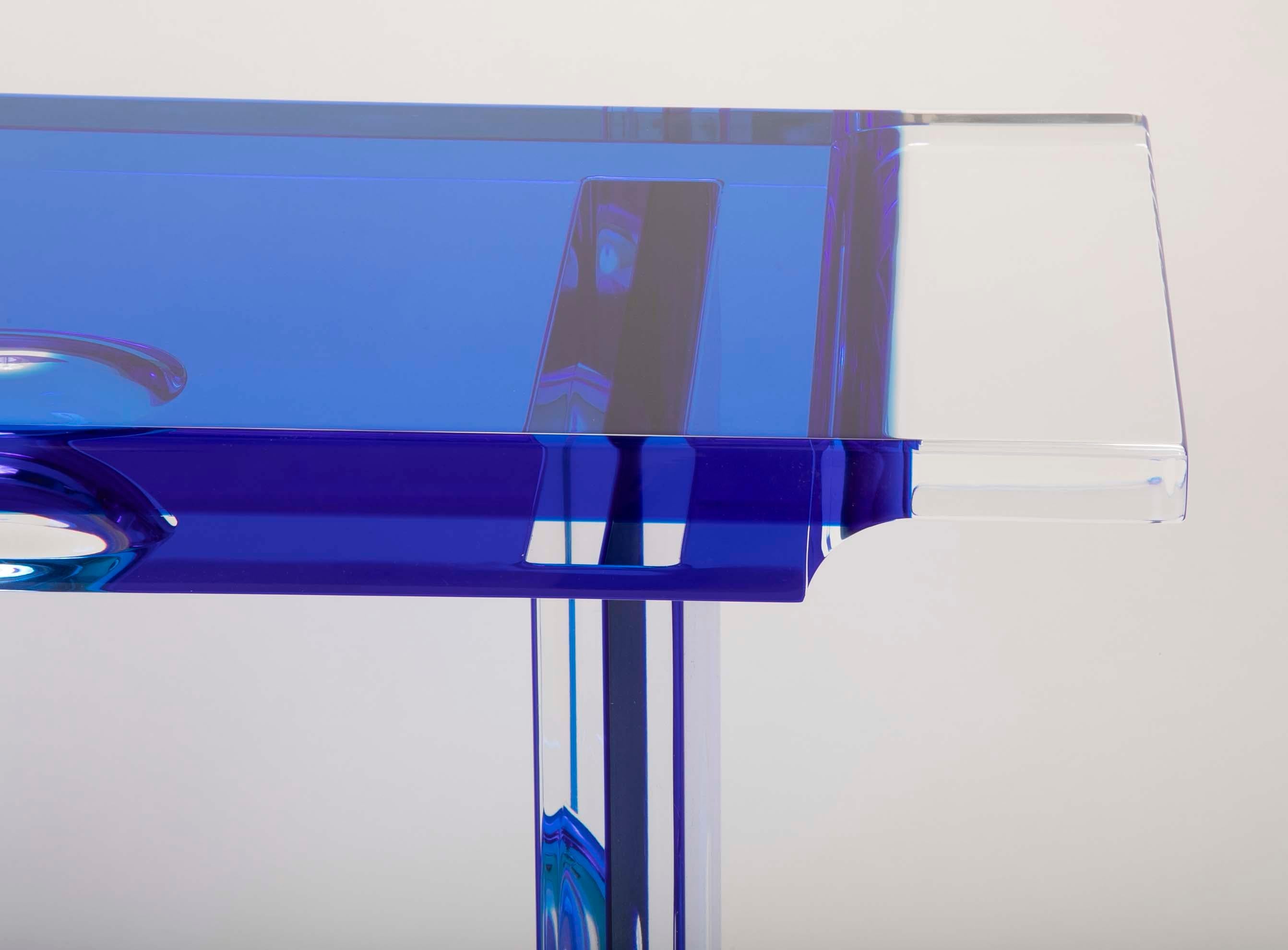 Unique Contemporary Lucite Console Table in Cobalt and Clear Lucite 2