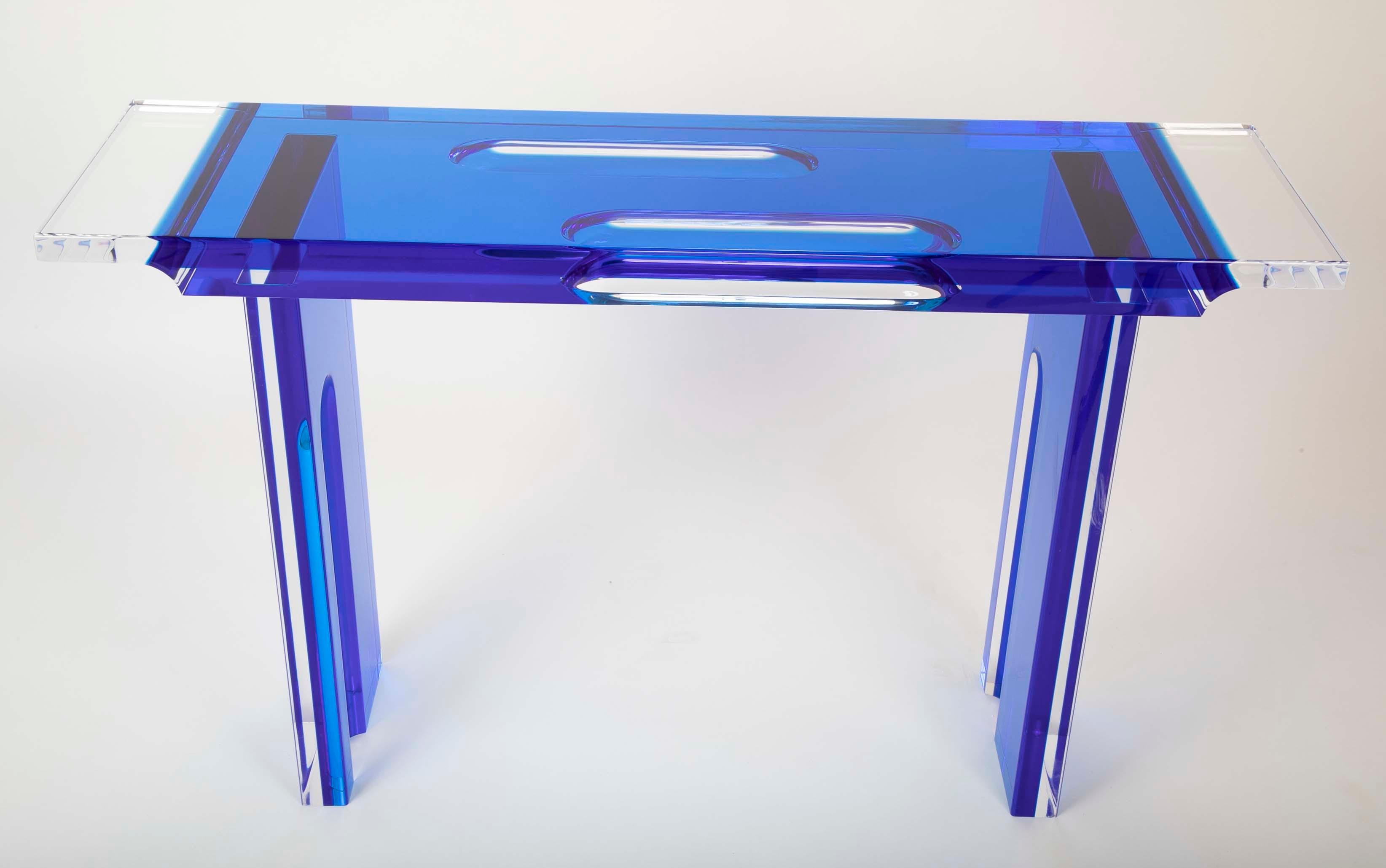 Unique Contemporary Lucite Console Table in Cobalt and Clear Lucite 3