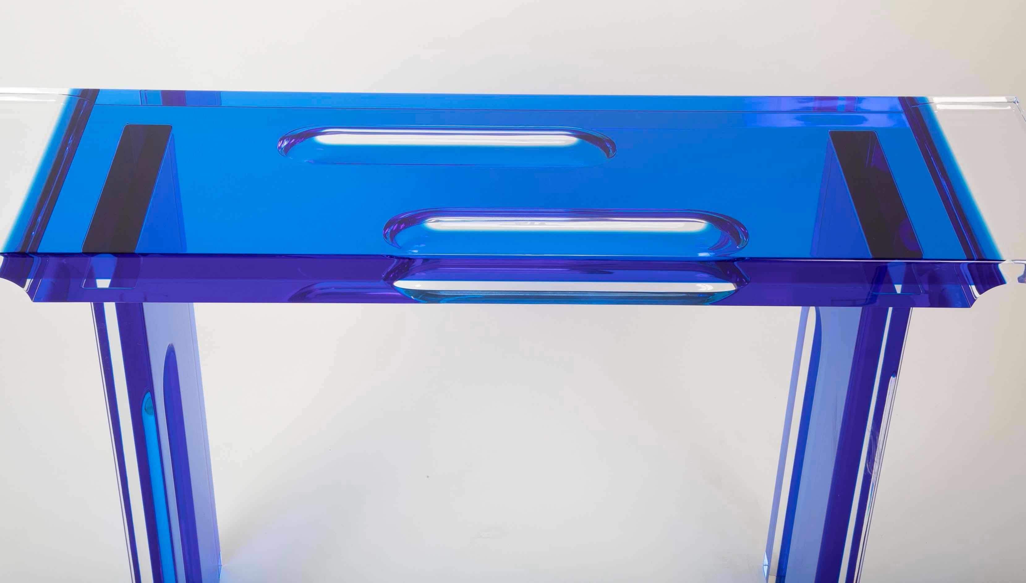Unique Contemporary Lucite Console Table in Cobalt and Clear Lucite 4