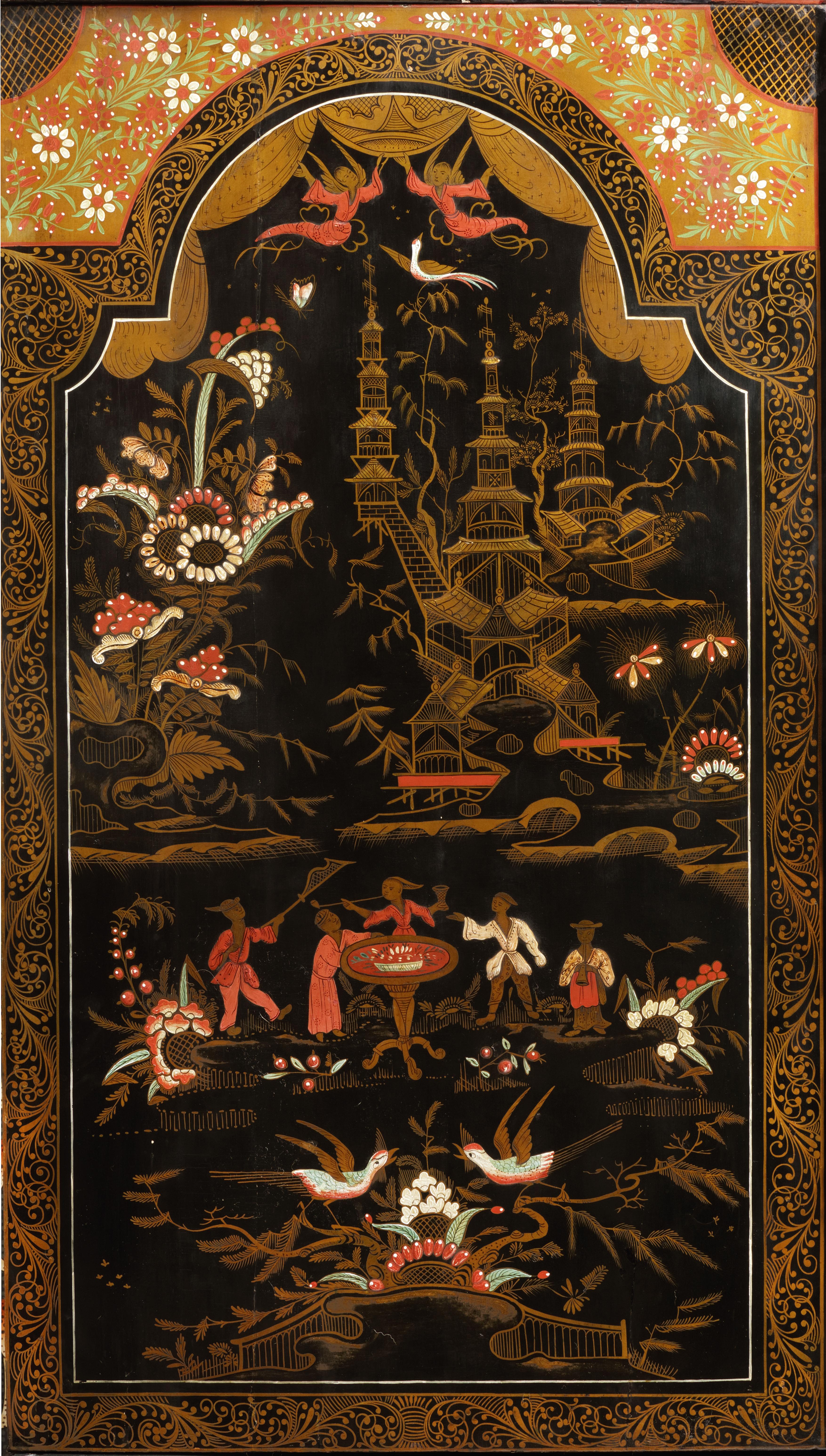 Hand-Painted Unique Dutch Lacquer Chinoiserie Cabinet on Stand, Late 17th Century