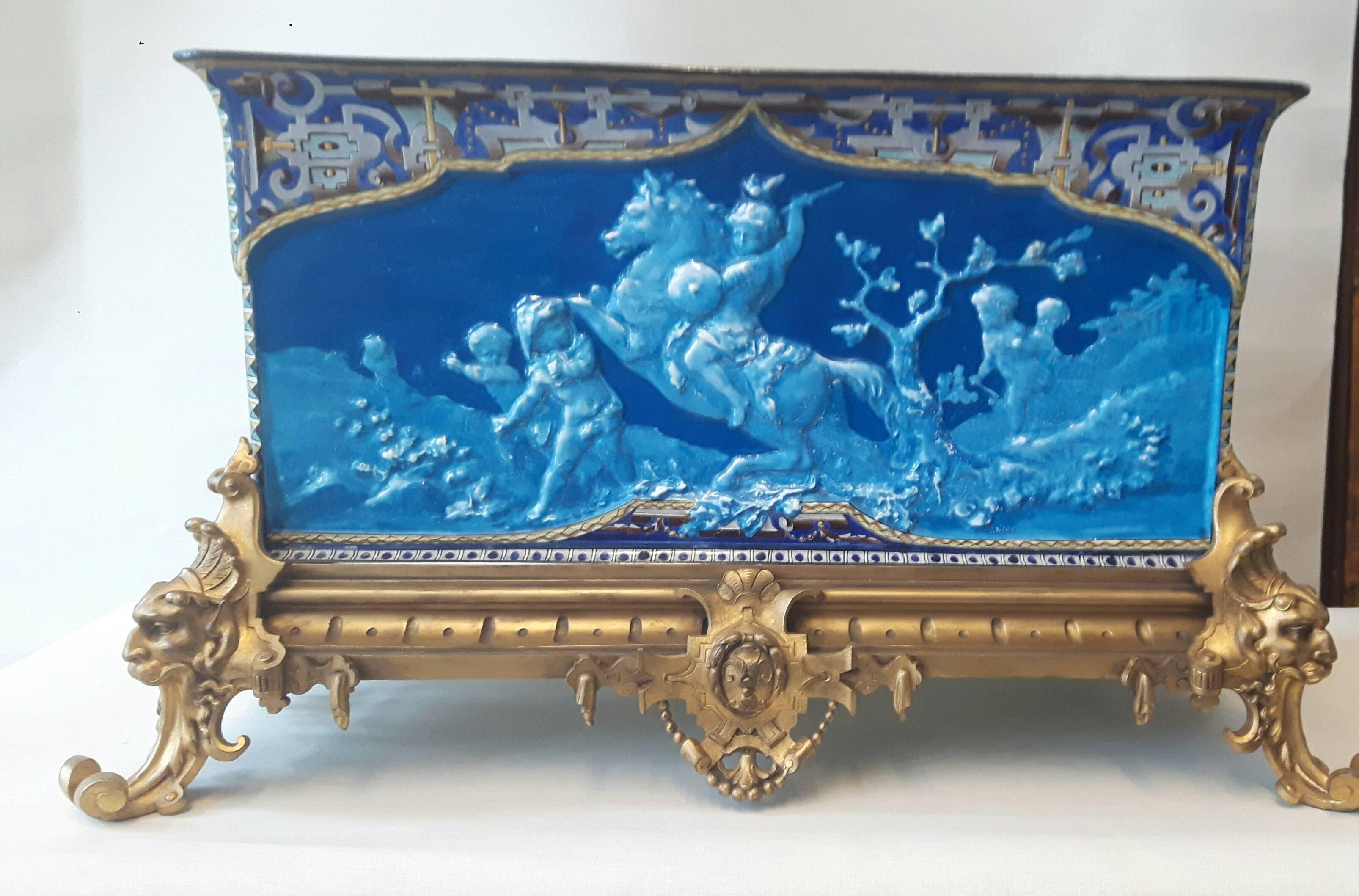 Neoclassical Unique French Barbotine 19th Century Ormolu Mounted Rectangular Jardinière For Sale
