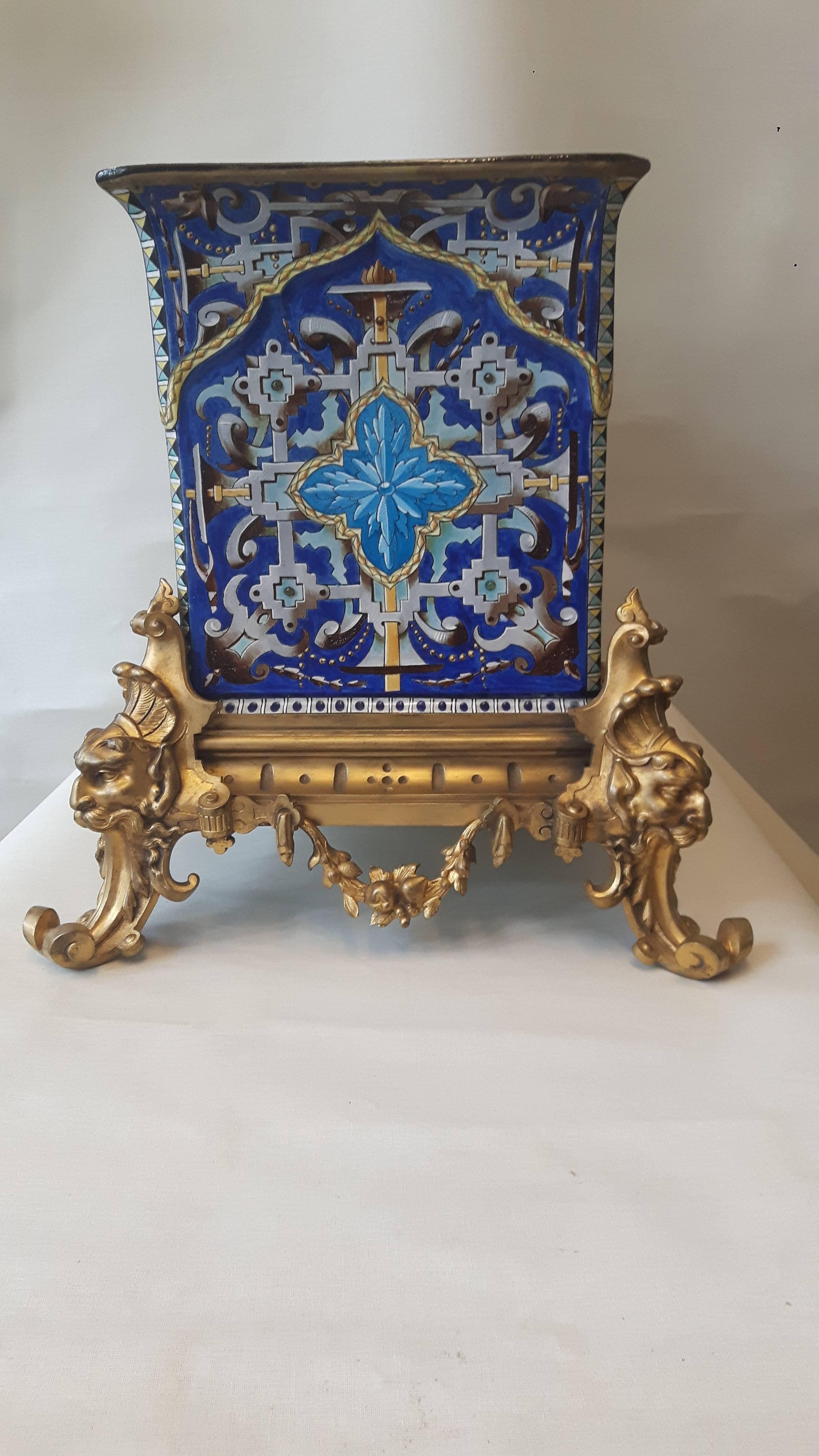 Unique French Barbotine 19th Century Ormolu Mounted Rectangular Jardinière In Excellent Condition For Sale In London, GB