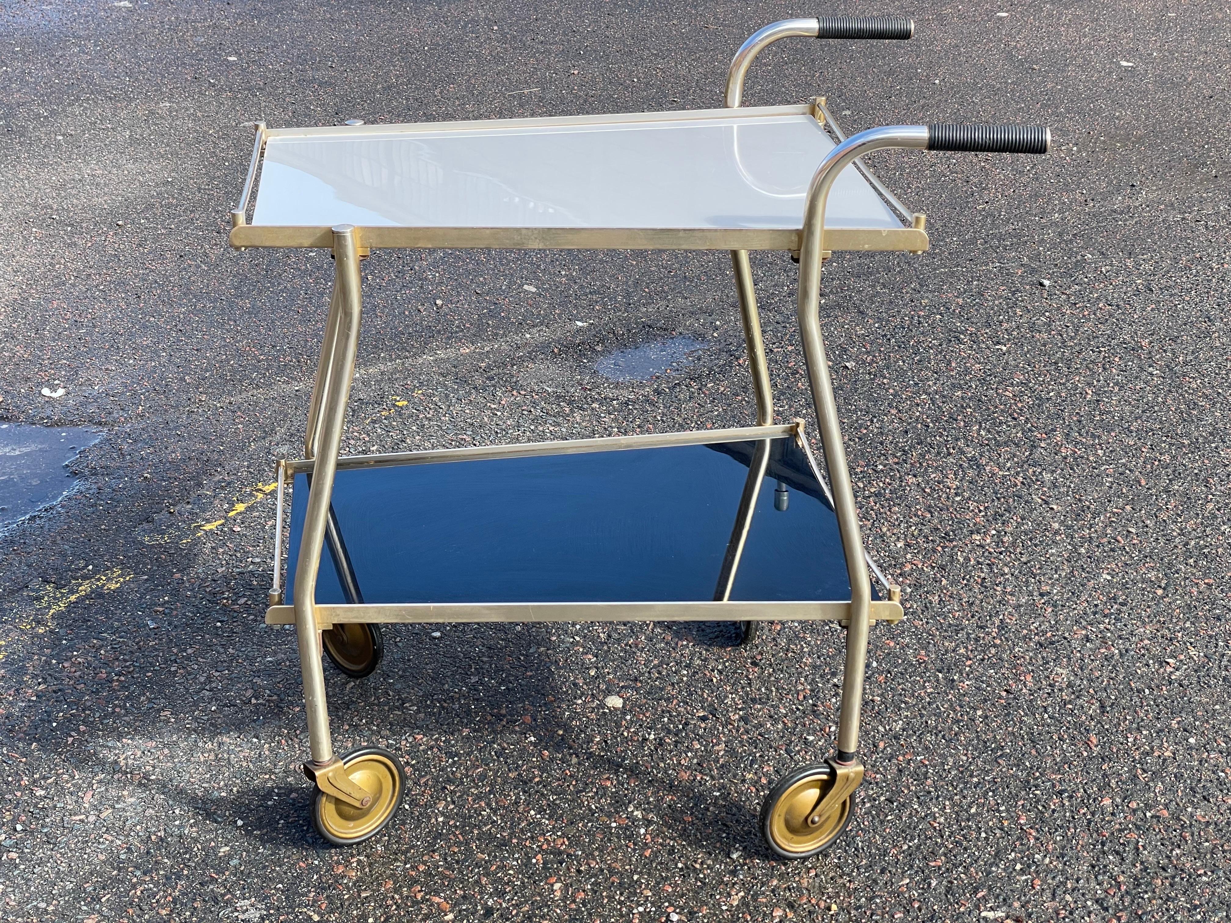 Metal Unique Golden Vintage Bar Cart with Black and White Glass Shelves, 1960s For Sale