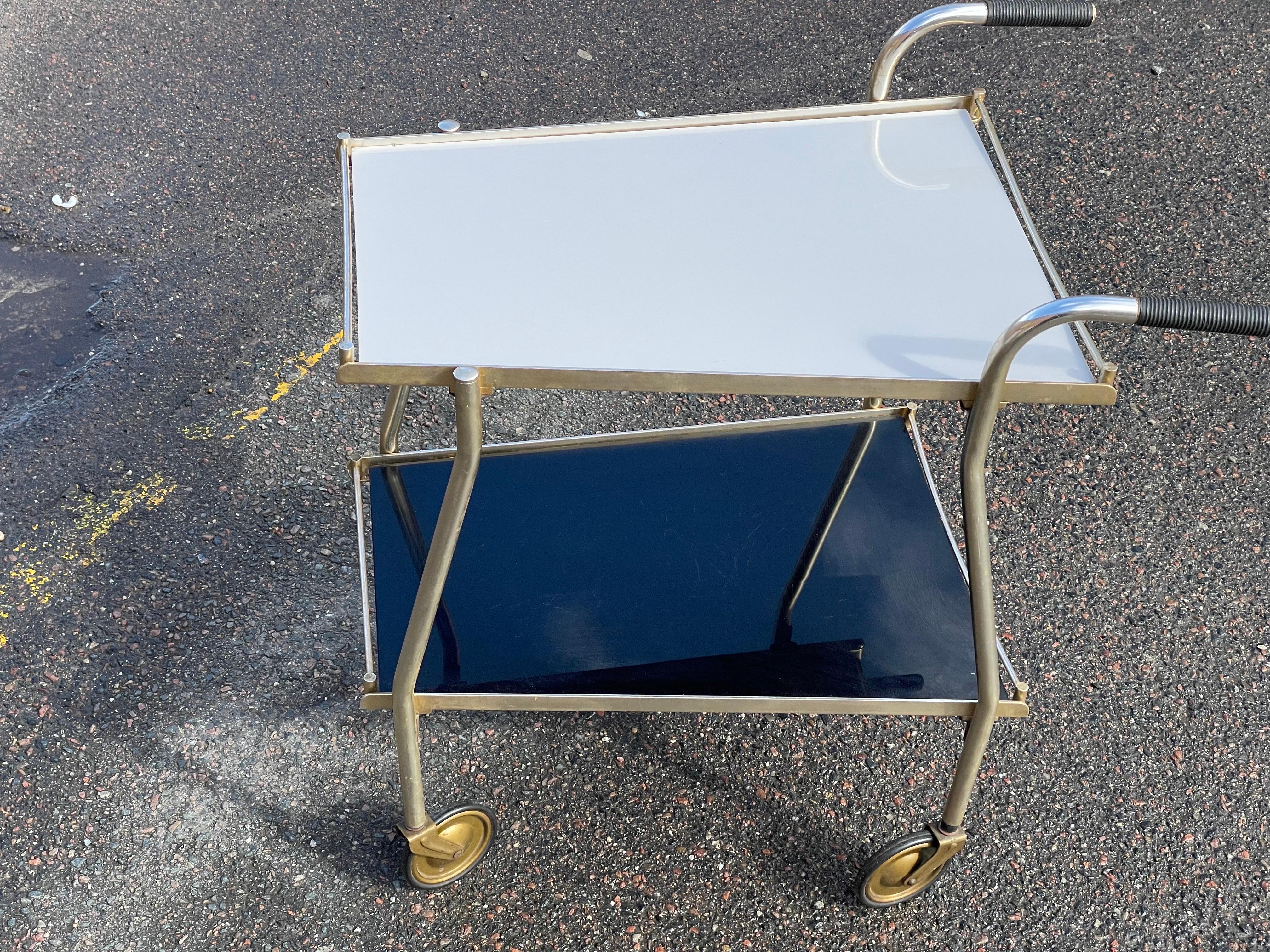 Unique Golden Vintage Bar Cart with Black and White Glass Shelves, 1960s For Sale 2