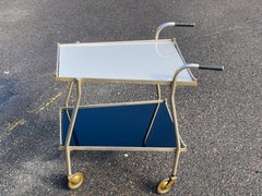 Unique Golden Vintage Bar Cart with Black and White Glass Shelves, 1960s