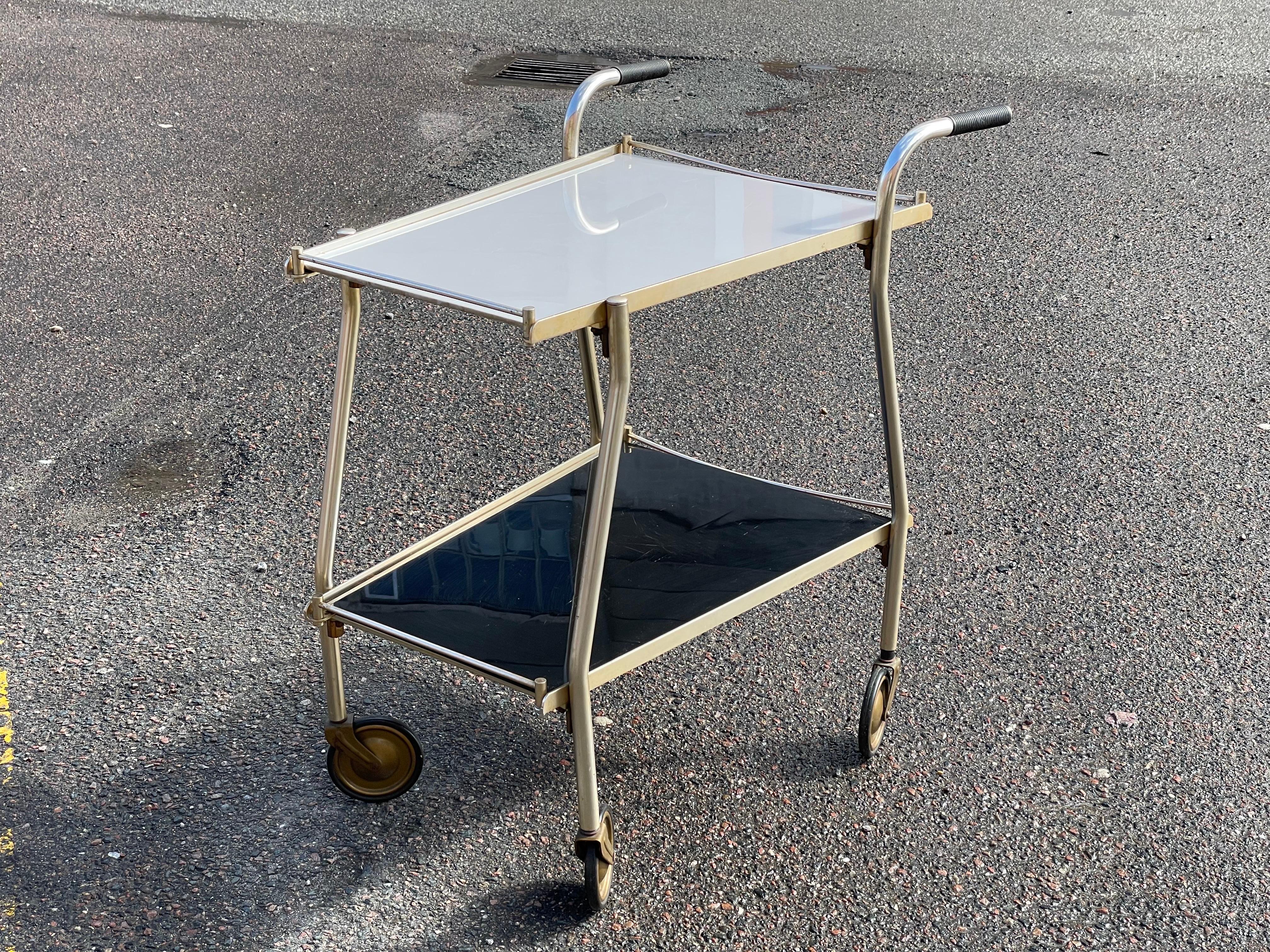 Mid-20th Century Unique Golden Vintage Bar Cart with Black and White Glass Shelves, 1960s For Sale