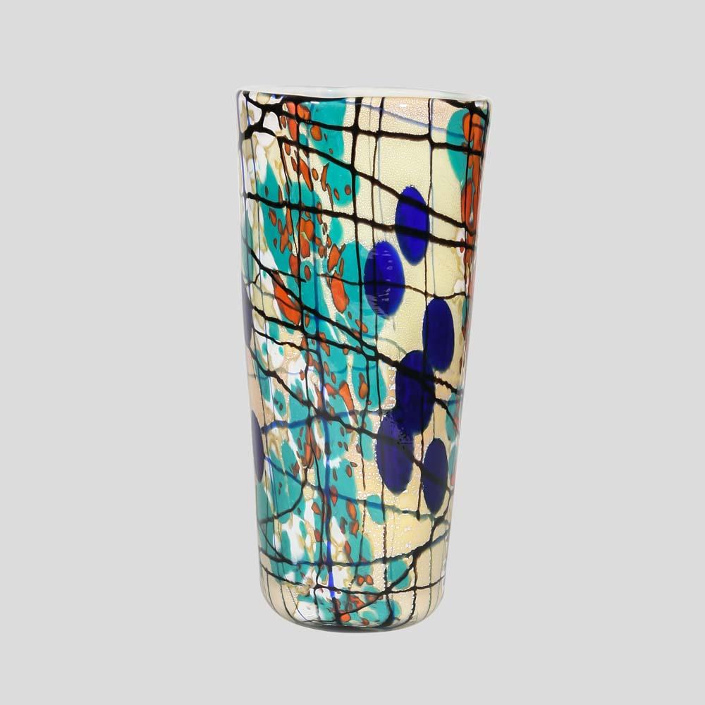 Vaso multicolore di blu, verde e arancione  colori oro e argento by Cenedese

Firmato