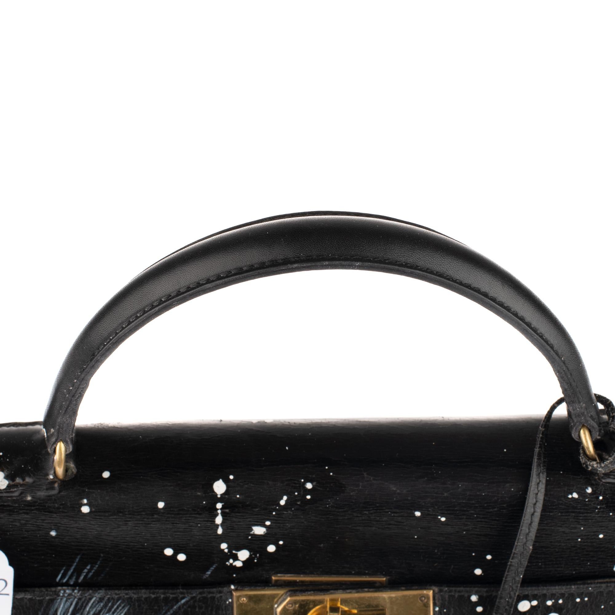 A unique handbag Hermès Kelly 32 in black box calfskin customized ! 5