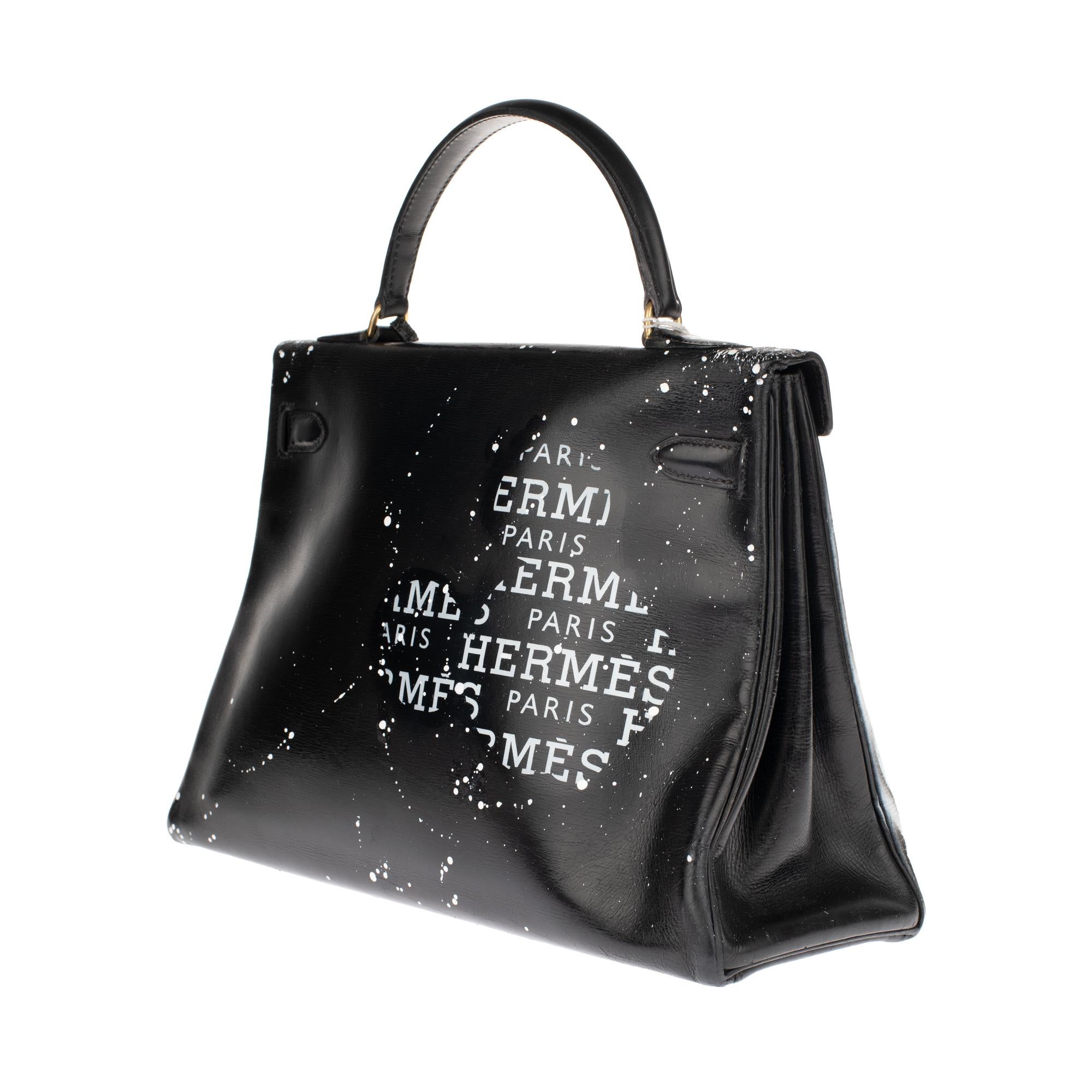 A unique handbag Hermès Kelly 32 in black box calfskin customized ! In Good Condition In Paris, IDF